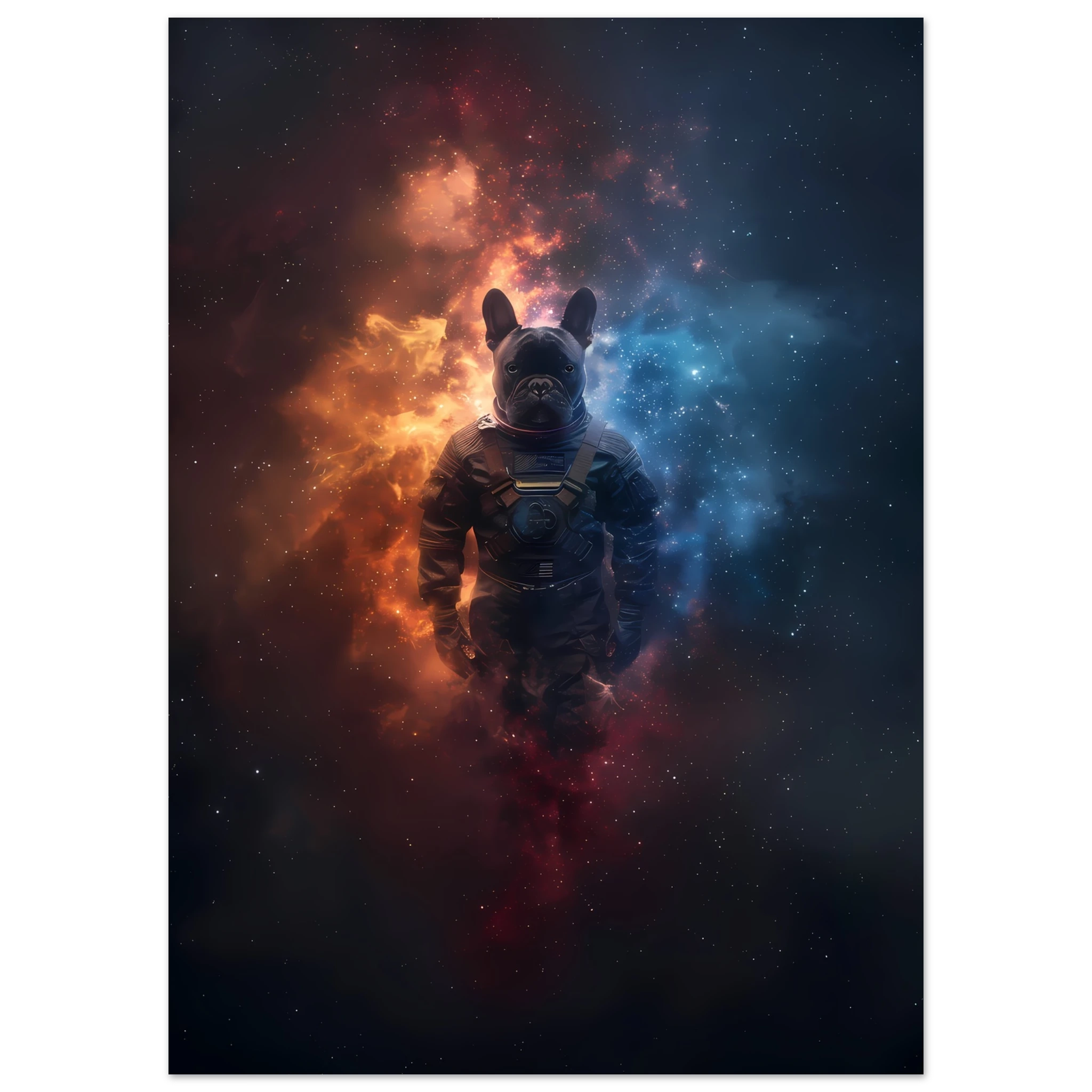 Bulldog in space suit floating through glowing galaxy — playful cosmic pet art.
