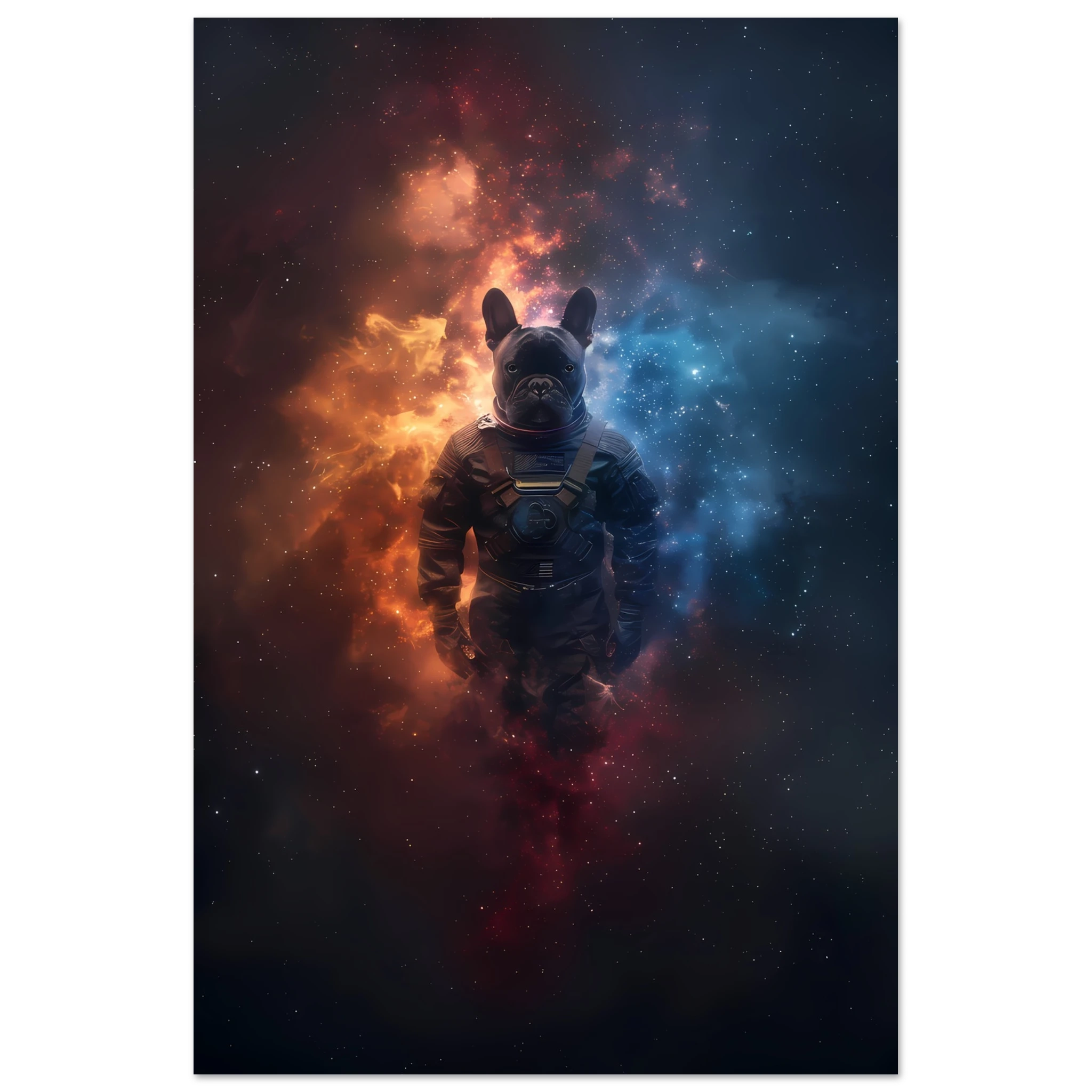Bulldog in space suit floating through glowing galaxy — playful cosmic pet art.