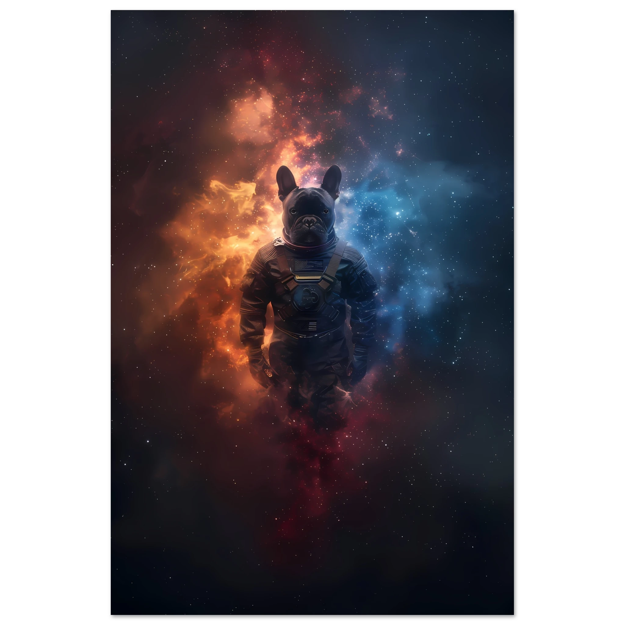 Bulldog in space suit floating through glowing galaxy — playful cosmic pet art.