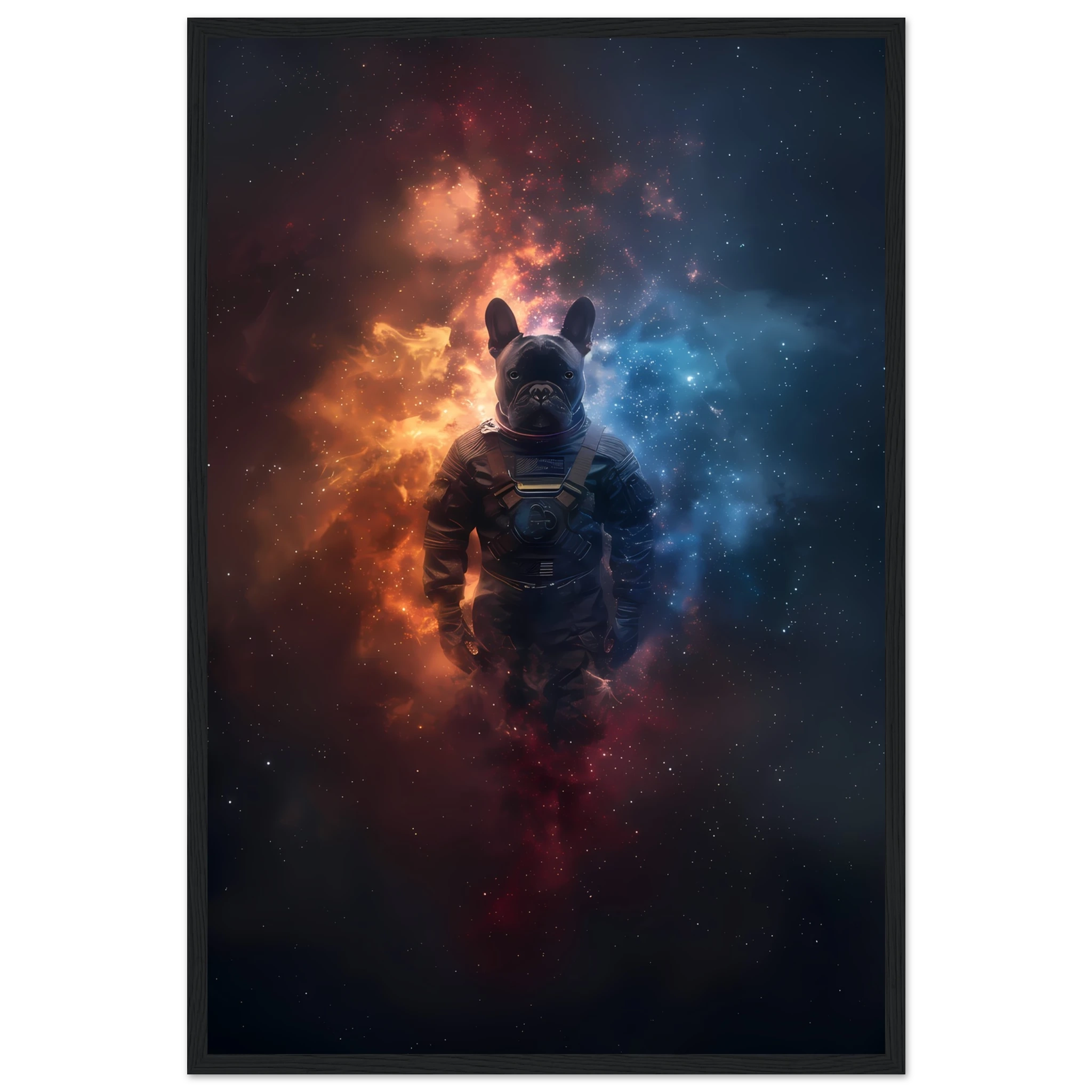 Bulldog in space suit floating through glowing galaxy — playful cosmic pet art.