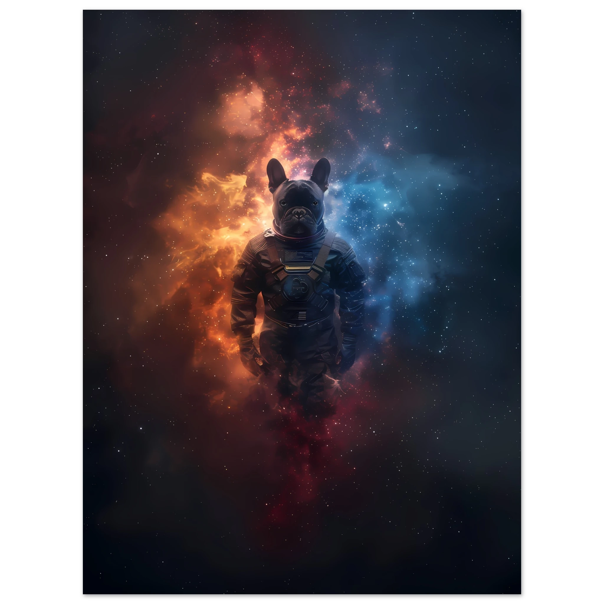 Bulldog in space suit floating through glowing galaxy — playful cosmic pet art.