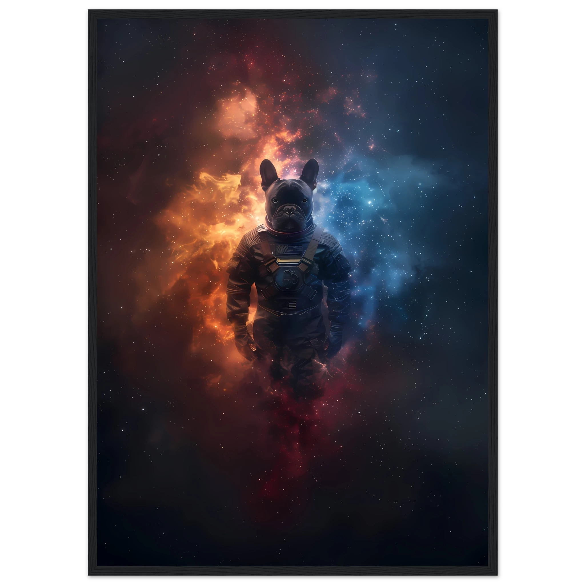 Bulldog in space suit floating through glowing galaxy — playful cosmic pet art.