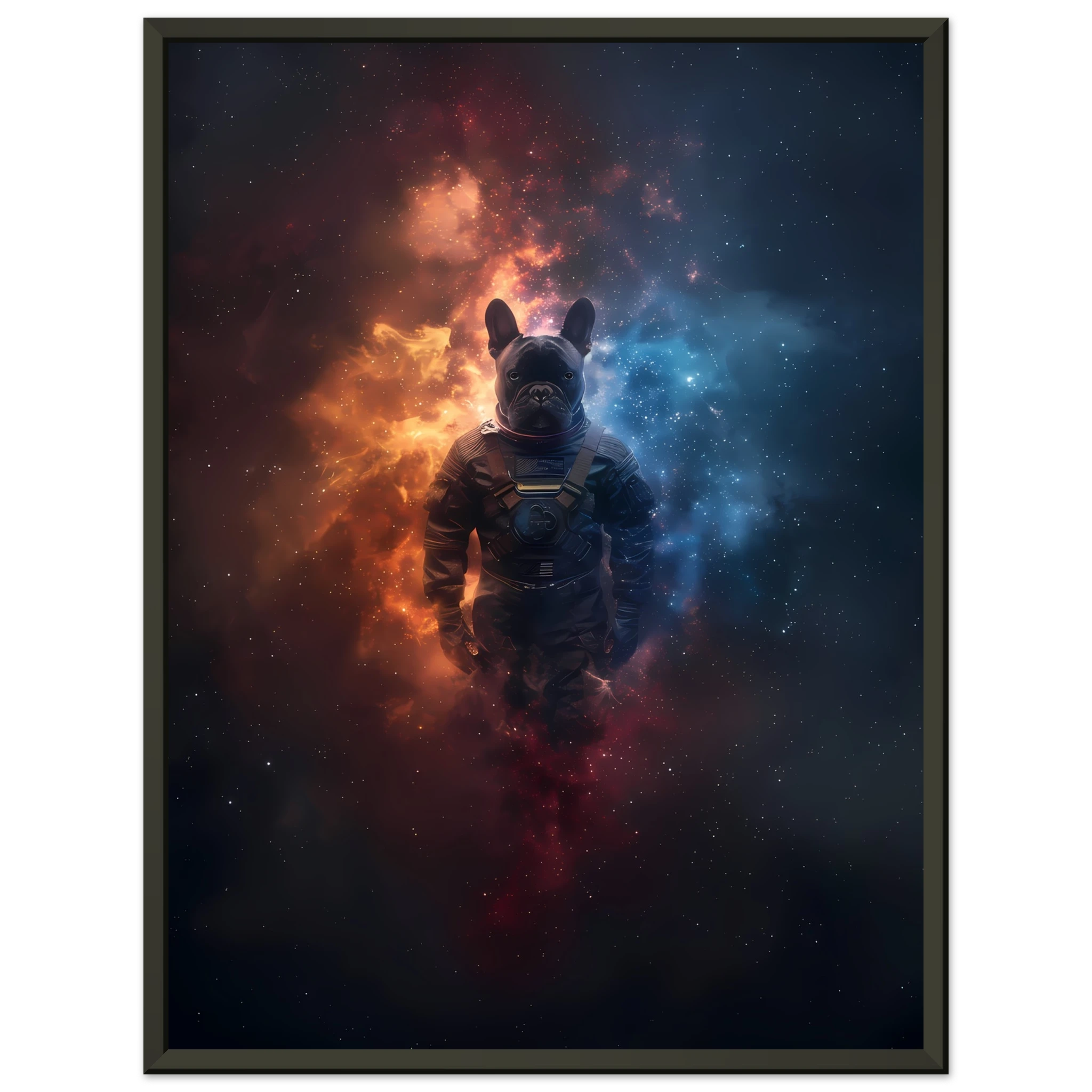 Bulldog in space suit floating through glowing galaxy — playful cosmic pet art.