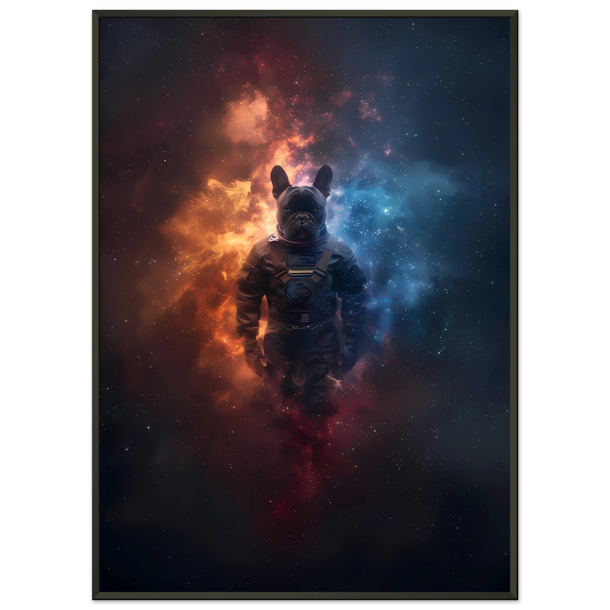 Bulldog in space suit floating through glowing galaxy — playful cosmic pet art.