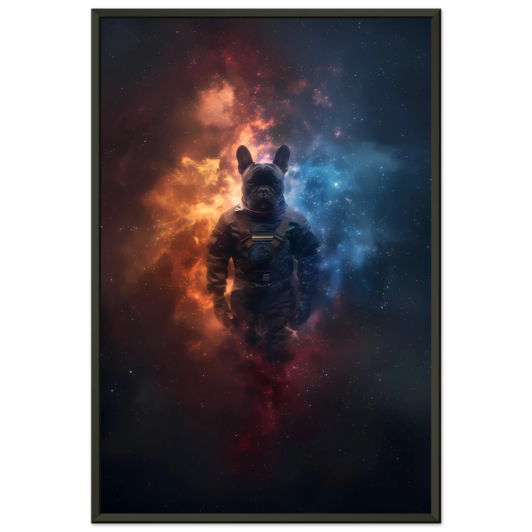 Bulldog in space suit floating through glowing galaxy — playful cosmic pet art.