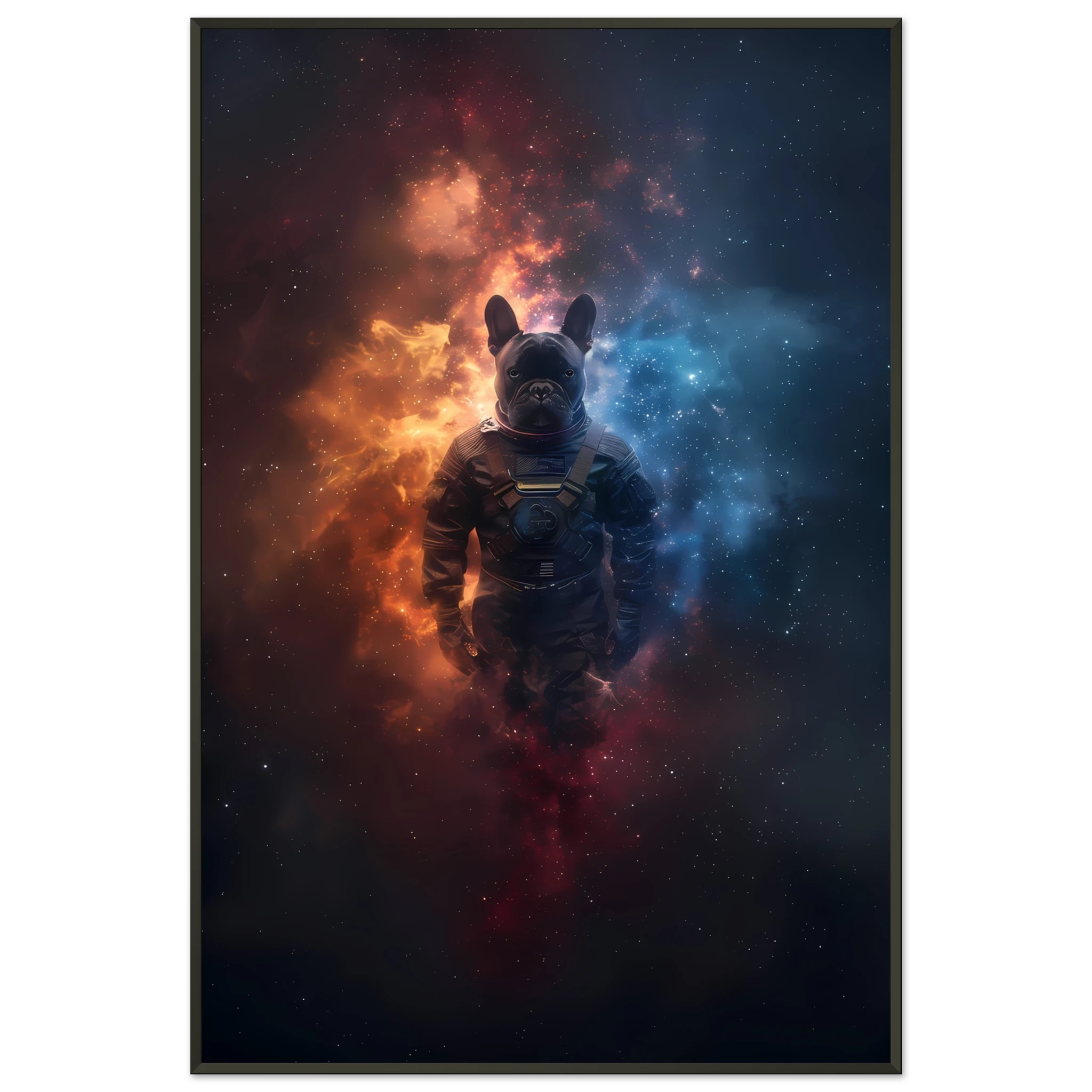 Bulldog in space suit floating through glowing galaxy — playful cosmic pet art.