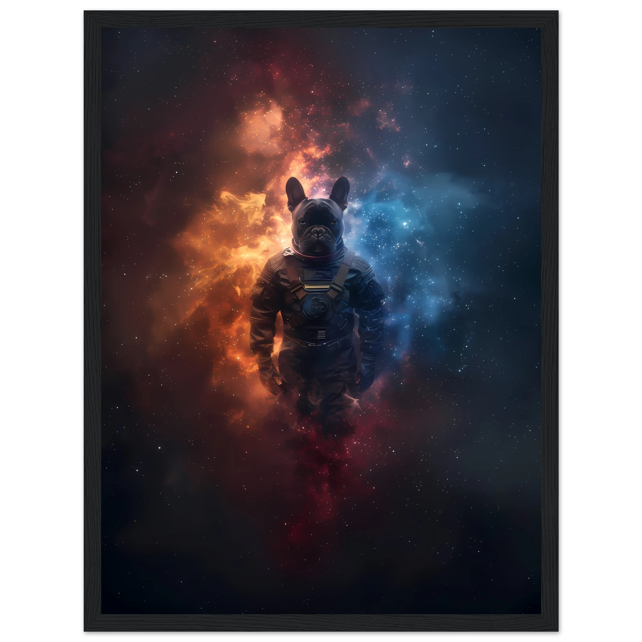 Bulldog in space suit floating through glowing galaxy — playful cosmic pet art.