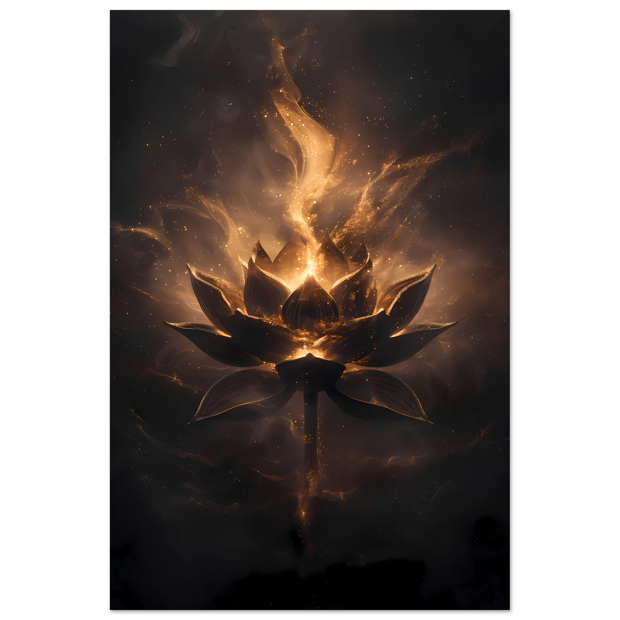 Cosmic lotus nebula in violet and gold with radiant light rays on a starfield — premium modern wall art for serene interiors.