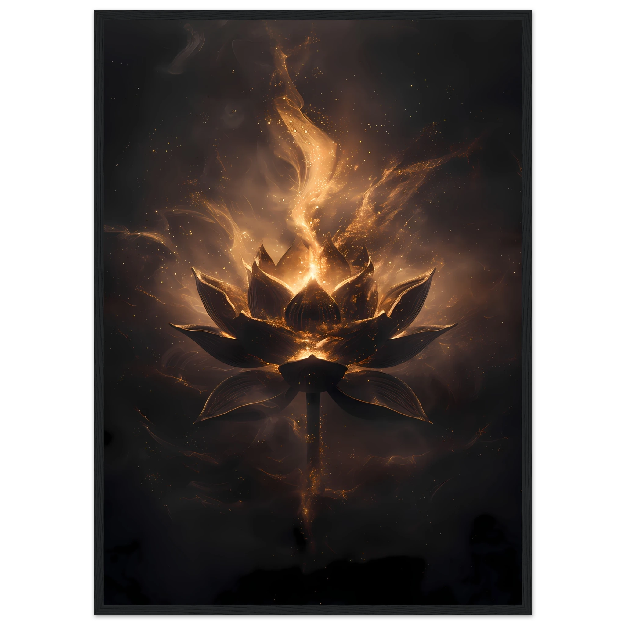 Cosmic lotus nebula in violet and gold with radiant light rays on a starfield — premium modern wall art for serene interiors.