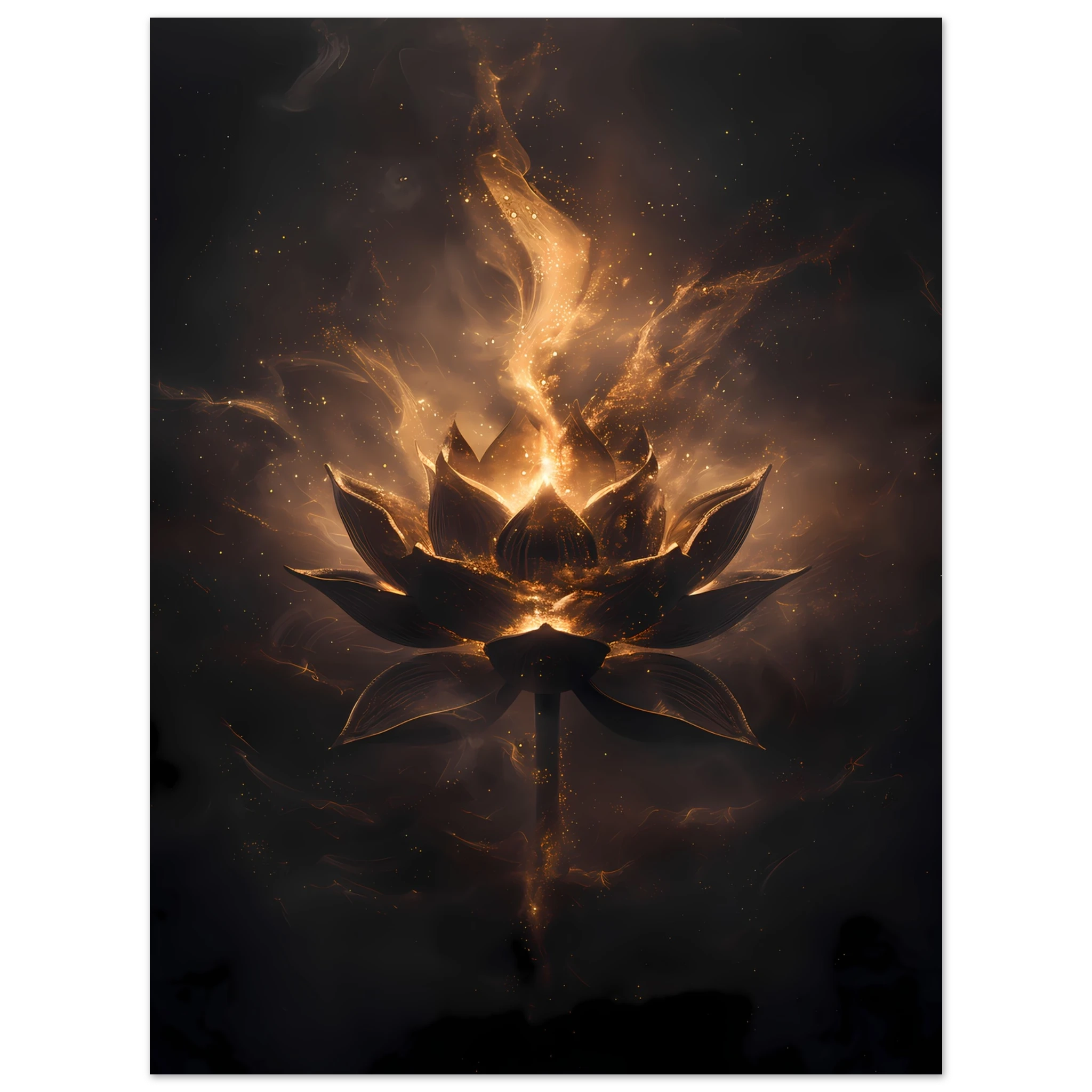 Cosmic lotus nebula in violet and gold with radiant light rays on a starfield — premium modern wall art for serene interiors.