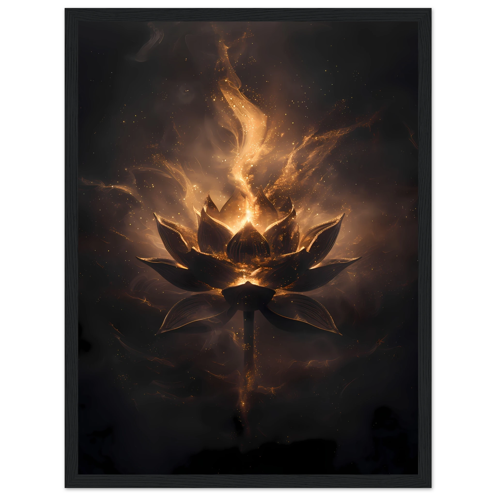 Cosmic lotus nebula in violet and gold with radiant light rays on a starfield — premium modern wall art for serene interiors.