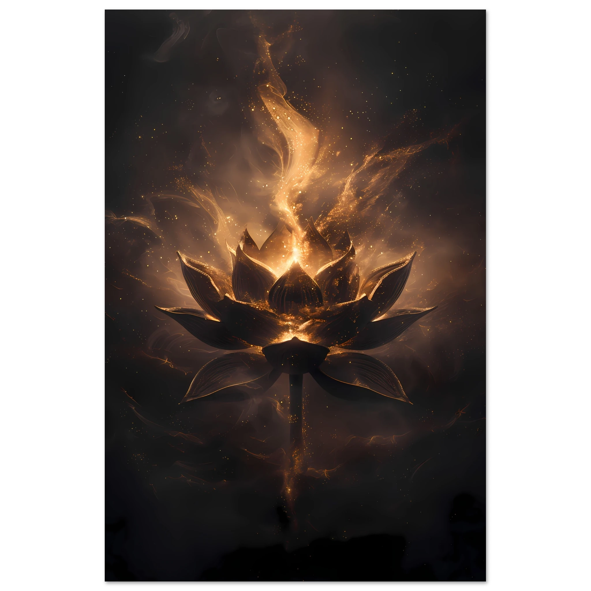 Cosmic lotus nebula in violet and gold with radiant light rays on a starfield — premium modern wall art for serene interiors.