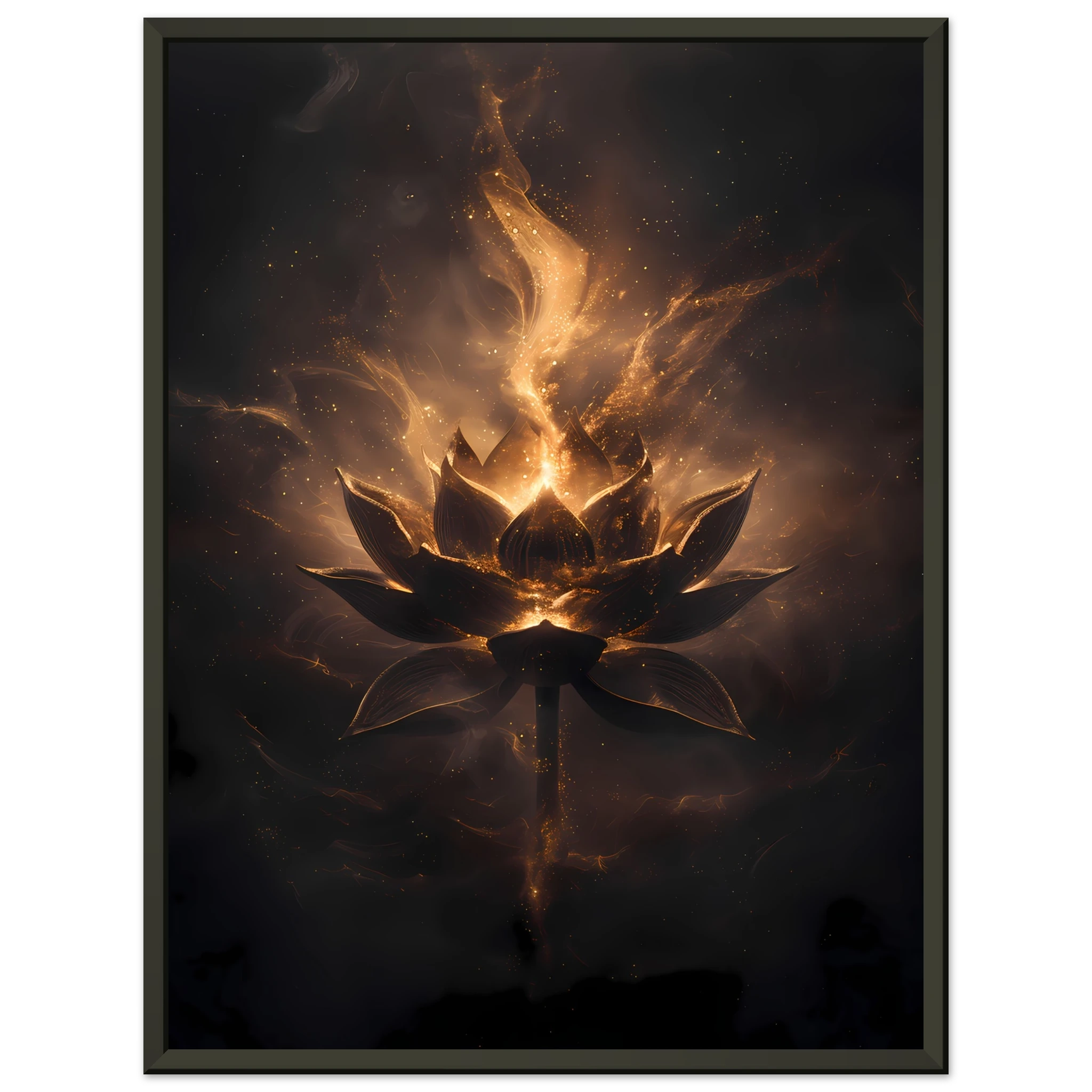 Cosmic lotus nebula in violet and gold with radiant light rays on a starfield — premium modern wall art for serene interiors.