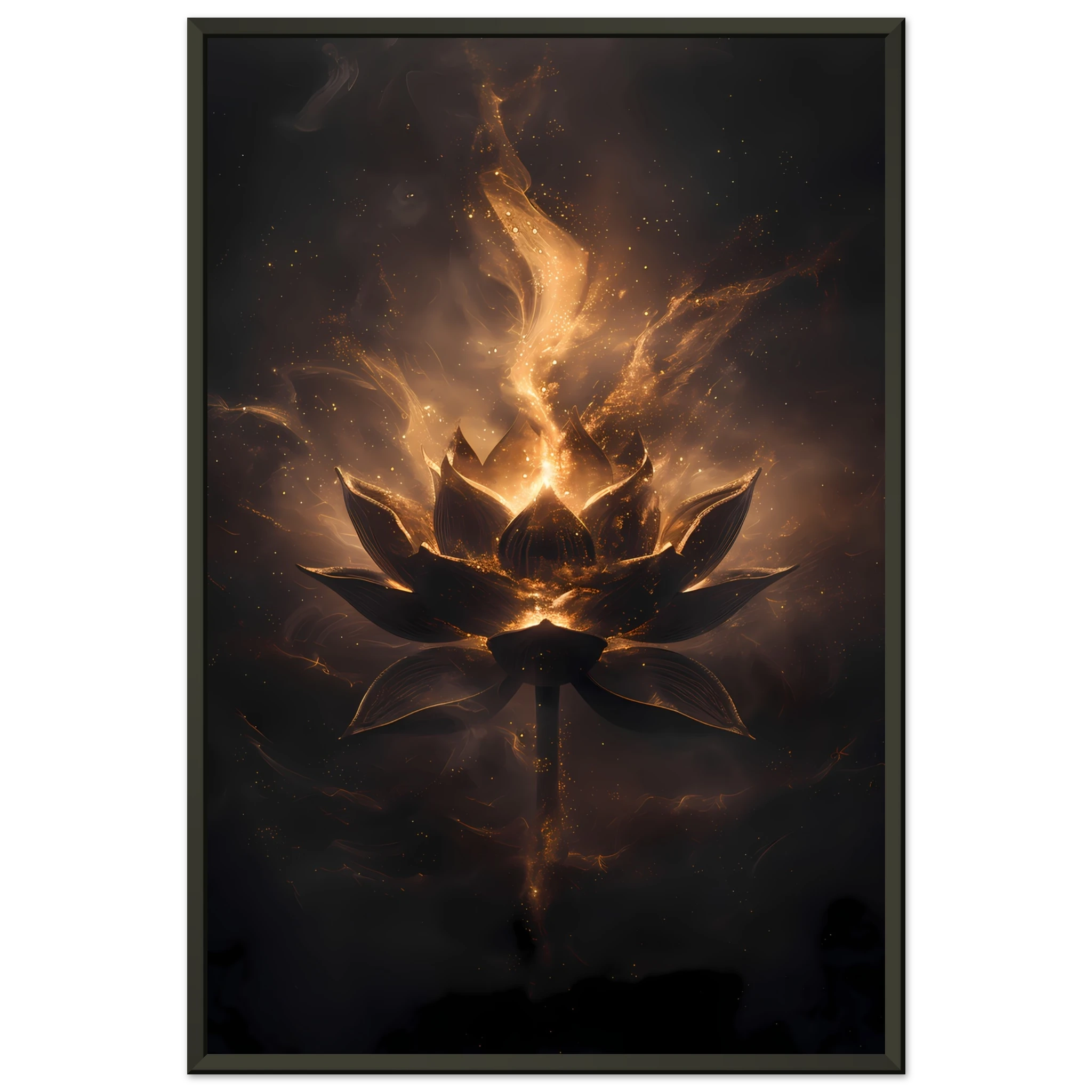 Cosmic lotus nebula in violet and gold with radiant light rays on a starfield — premium modern wall art for serene interiors.