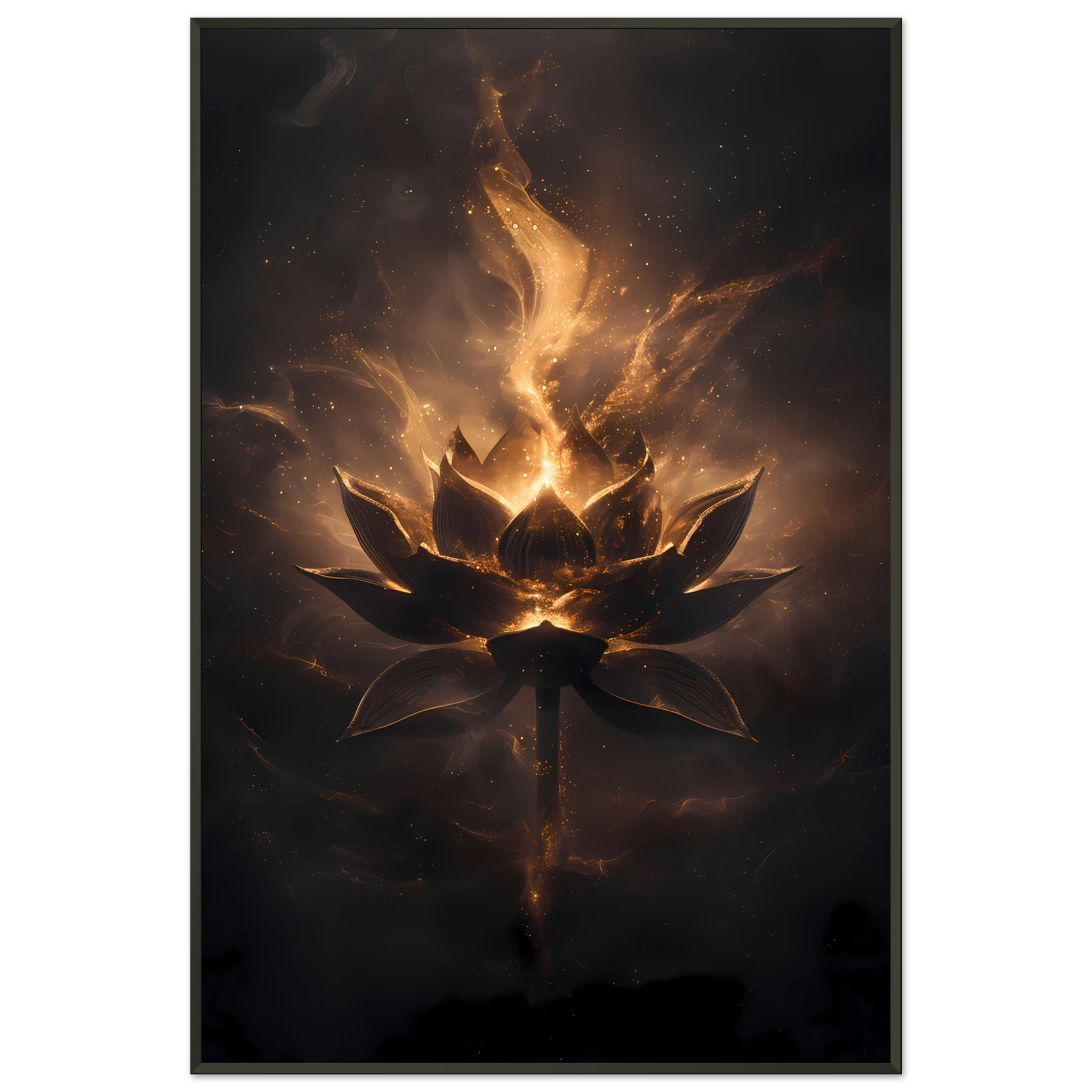 Cosmic lotus nebula in violet and gold with radiant light rays on a starfield — premium modern wall art for serene interiors.