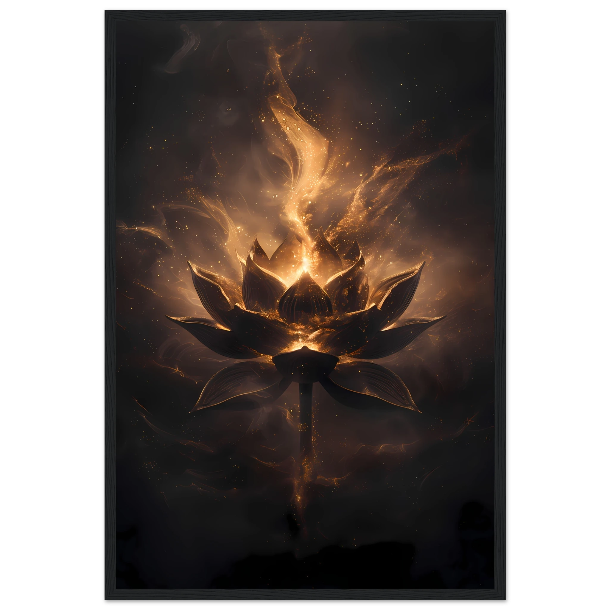 Cosmic lotus nebula in violet and gold with radiant light rays on a starfield — premium modern wall art for serene interiors.