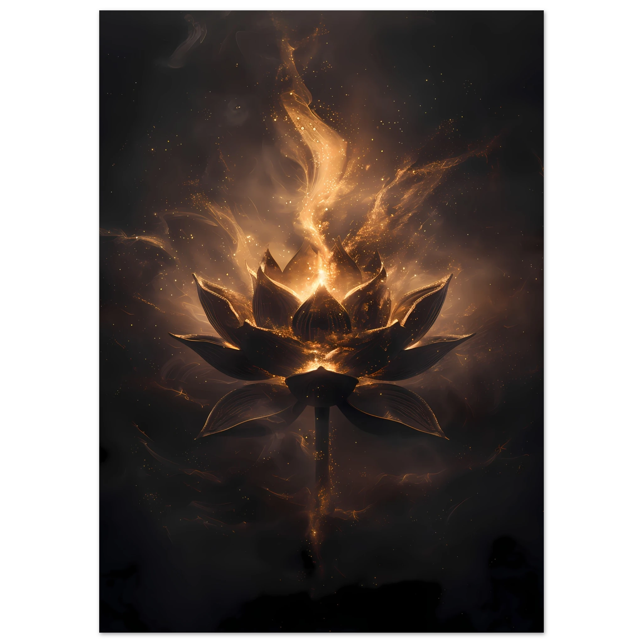 Cosmic lotus nebula in violet and gold with radiant light rays on a starfield — premium modern wall art for serene interiors.