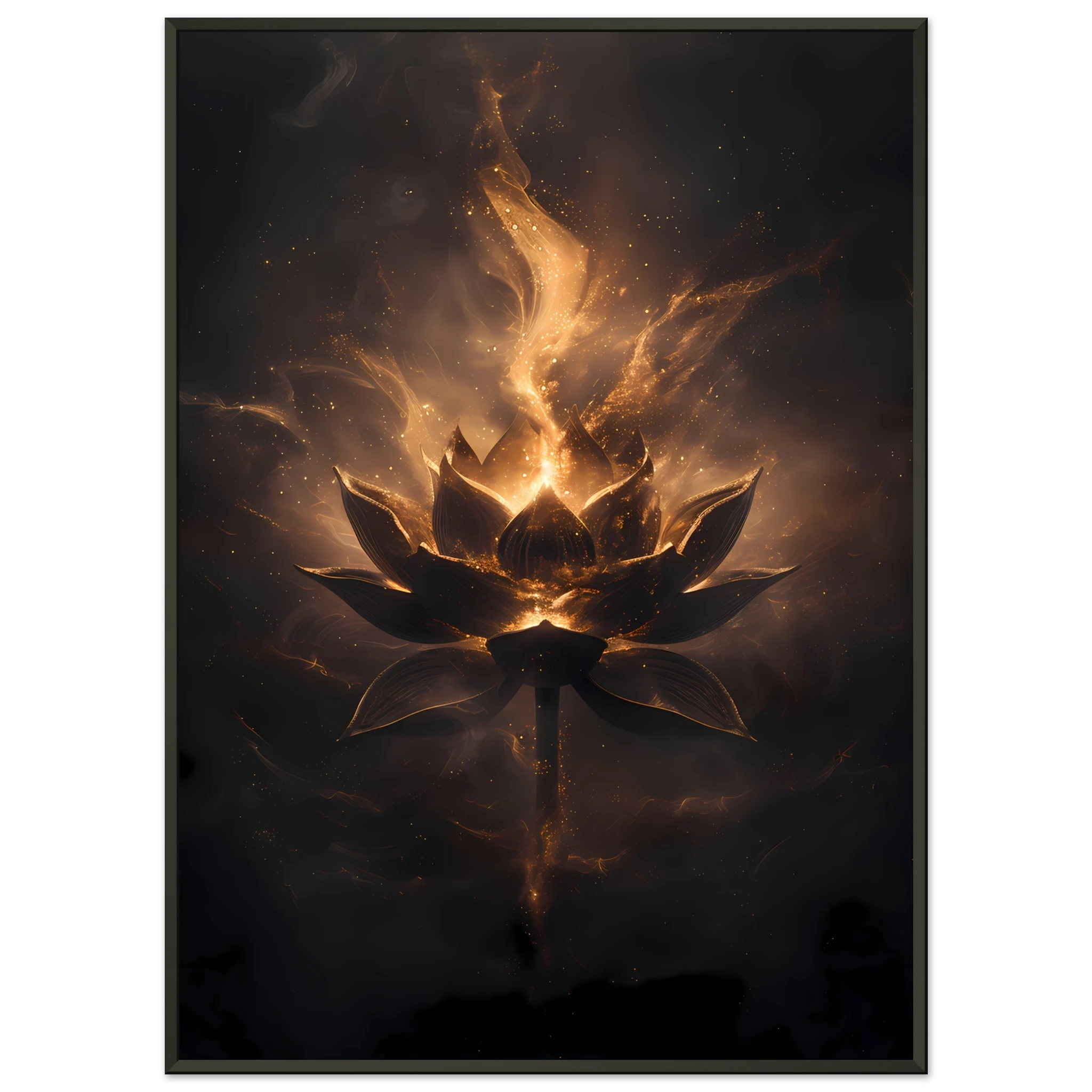 Cosmic lotus nebula in violet and gold with radiant light rays on a starfield — premium modern wall art for serene interiors.