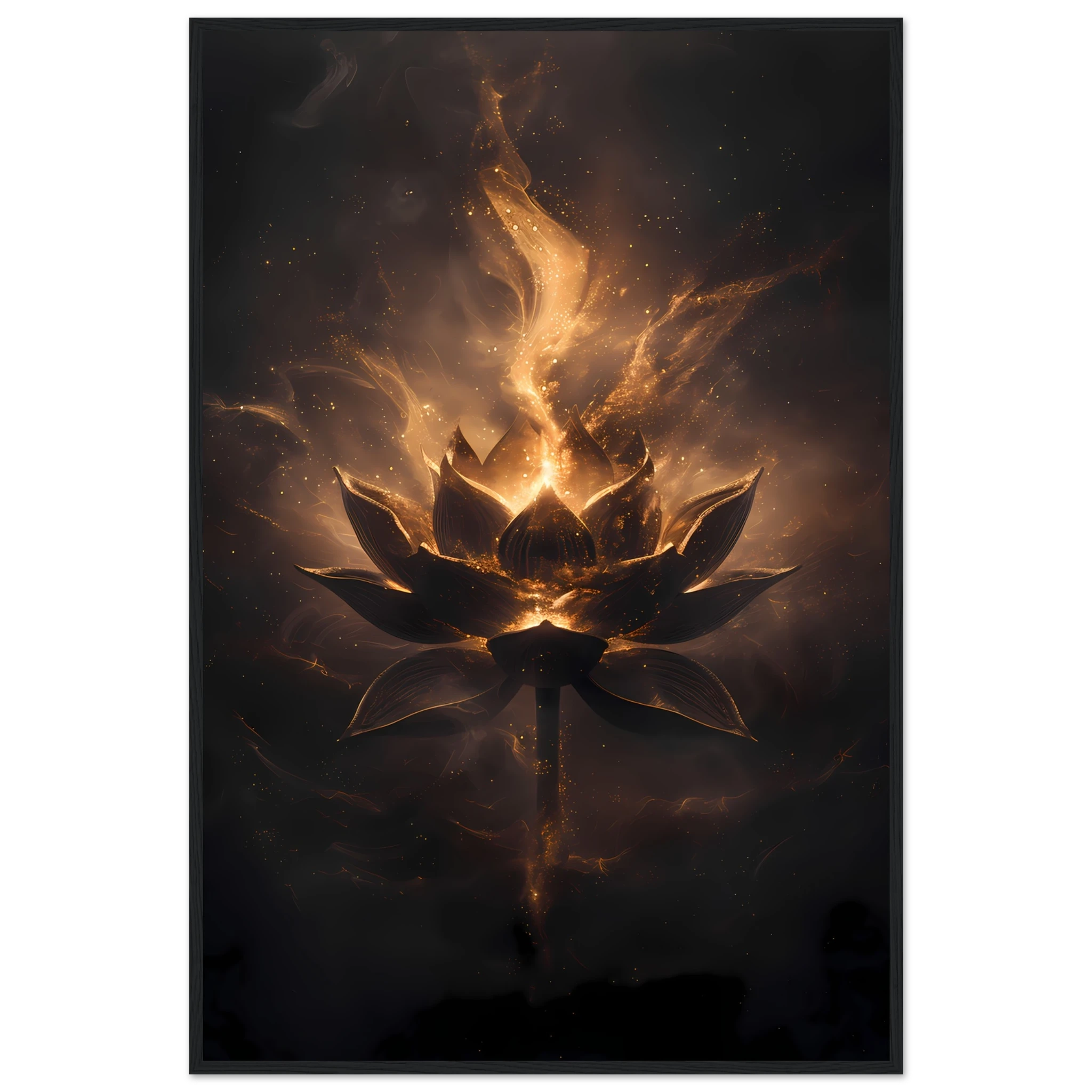 Cosmic lotus nebula in violet and gold with radiant light rays on a starfield — premium modern wall art for serene interiors.