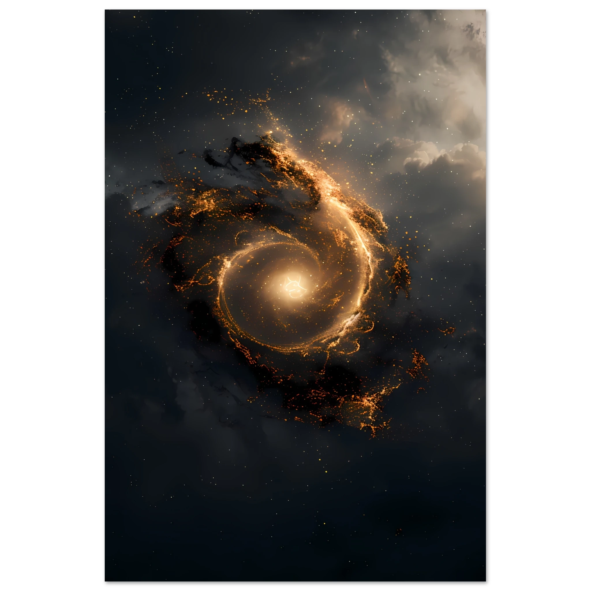 Golden spiral galaxy forming a subtle eye with glowing aura — sacred geometry space wall print, square format.