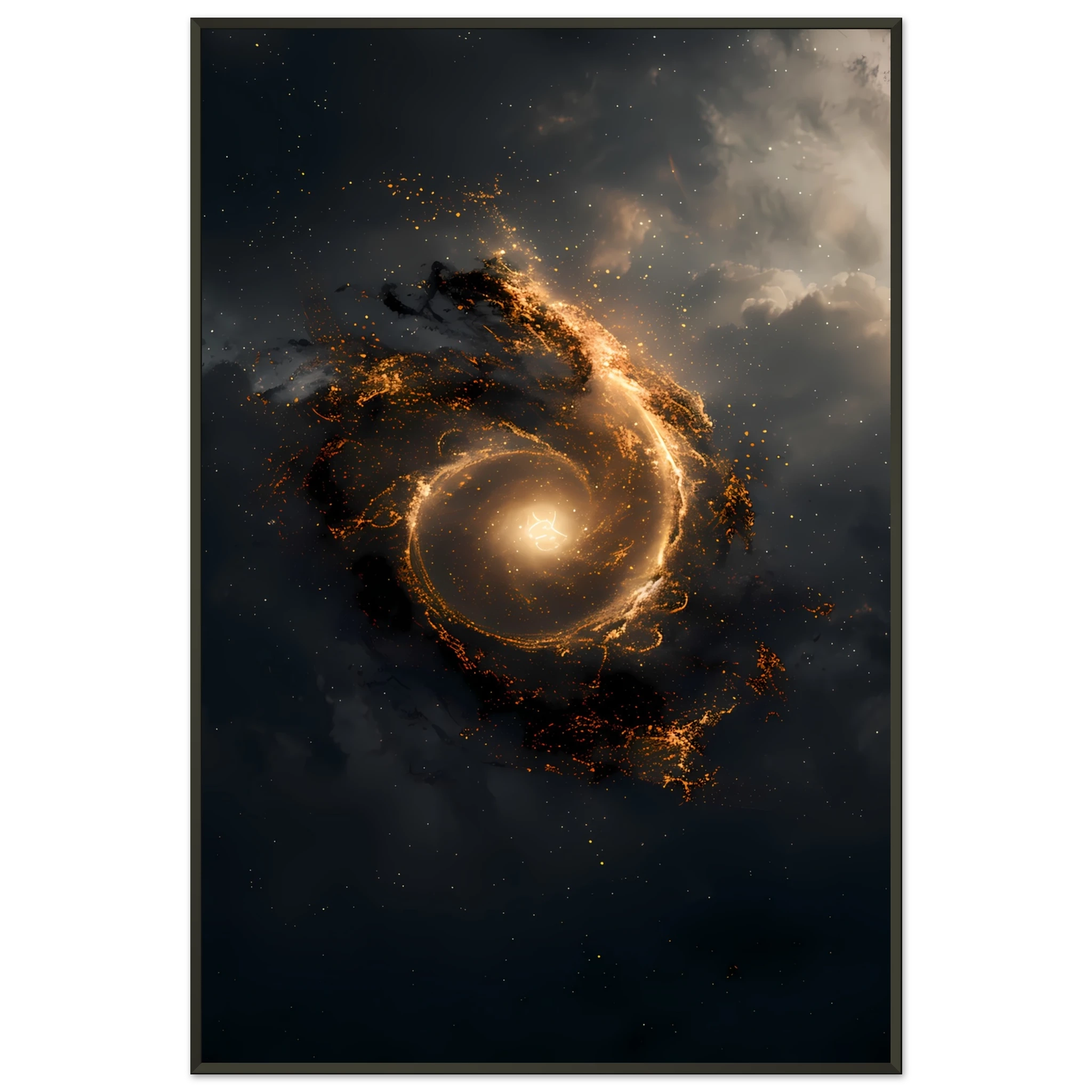 Golden spiral galaxy forming a subtle eye with glowing aura — sacred geometry space wall print, square format.