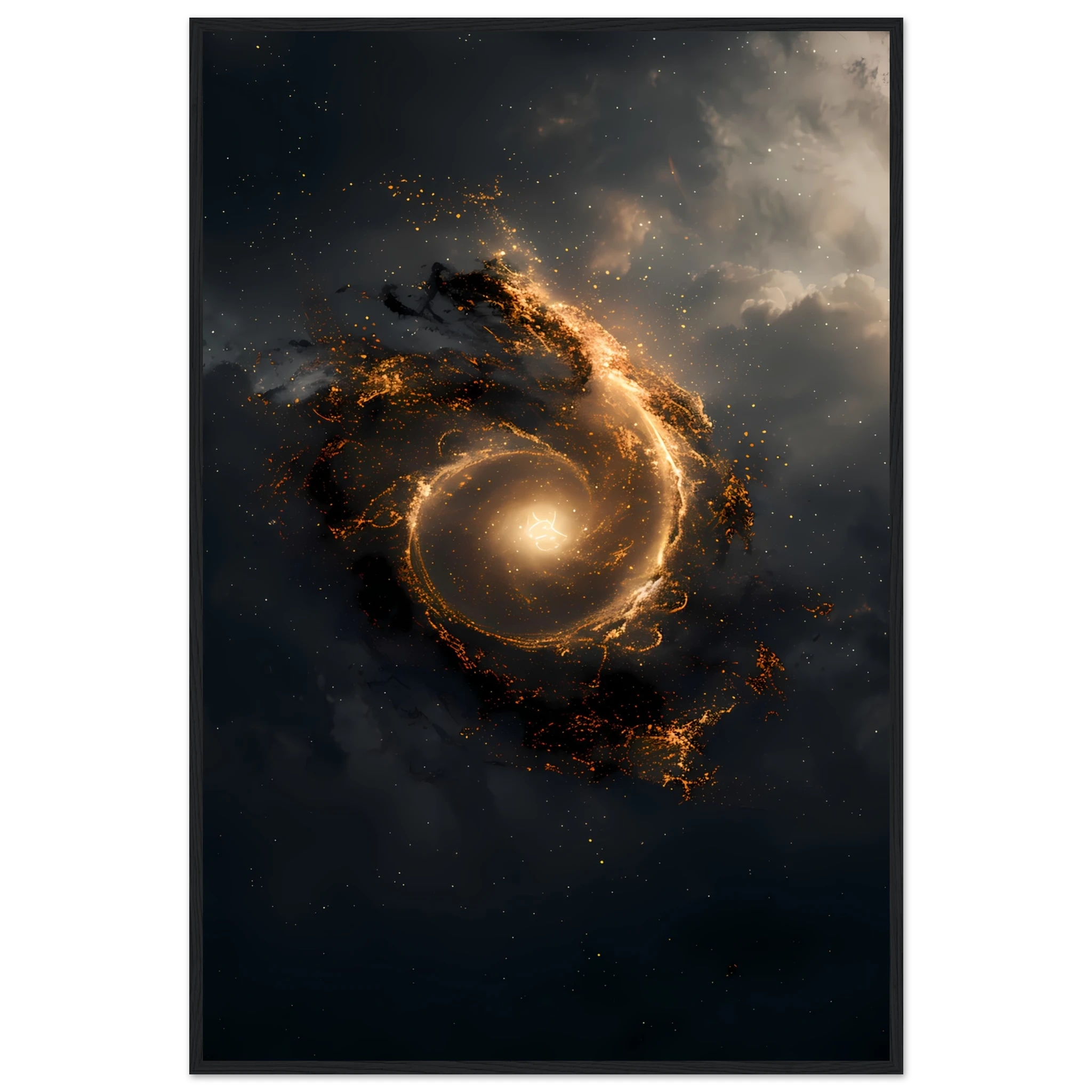 Golden spiral galaxy forming a subtle eye with glowing aura — sacred geometry space wall print, square format.