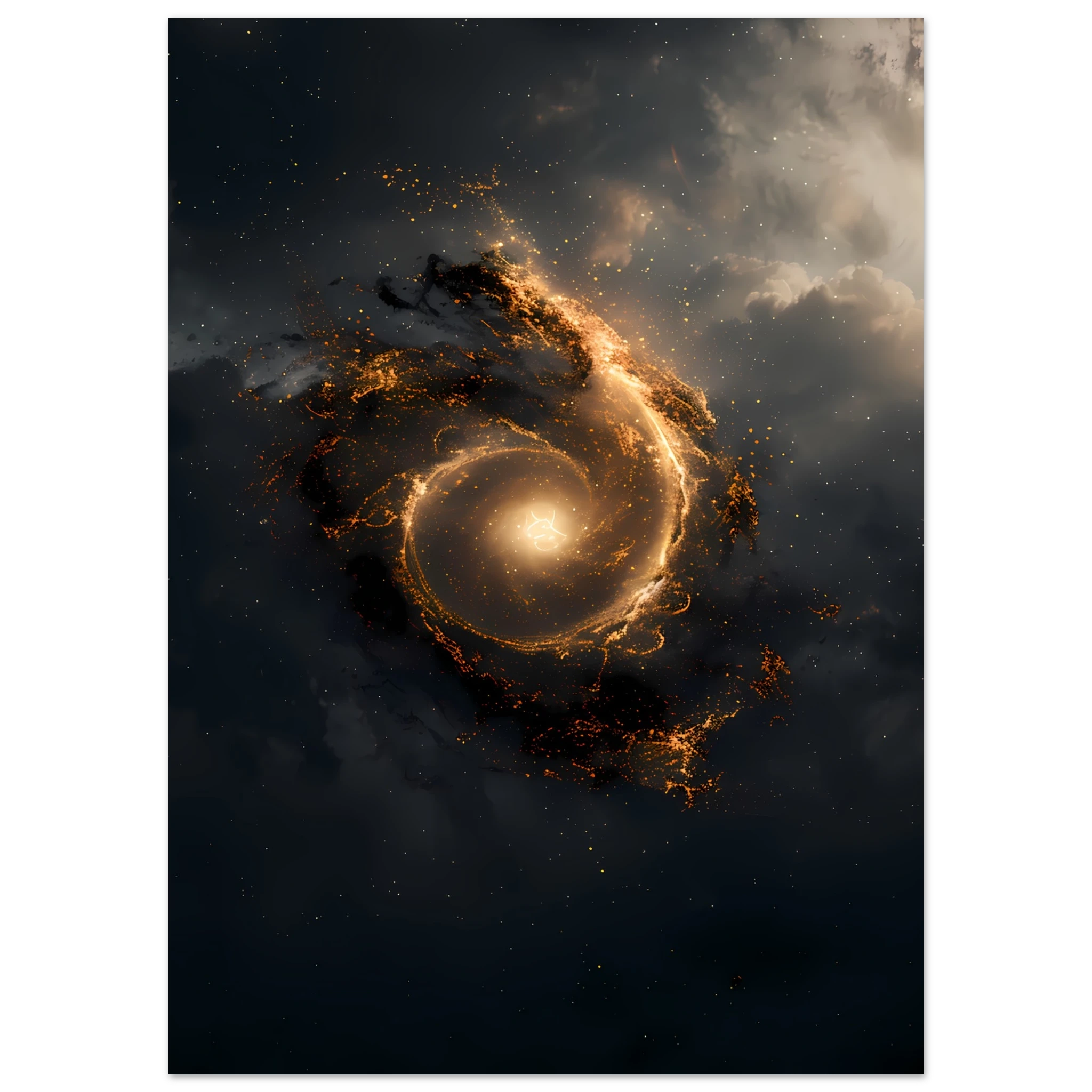 Golden spiral galaxy forming a subtle eye with glowing aura — sacred geometry space wall print, square format.
