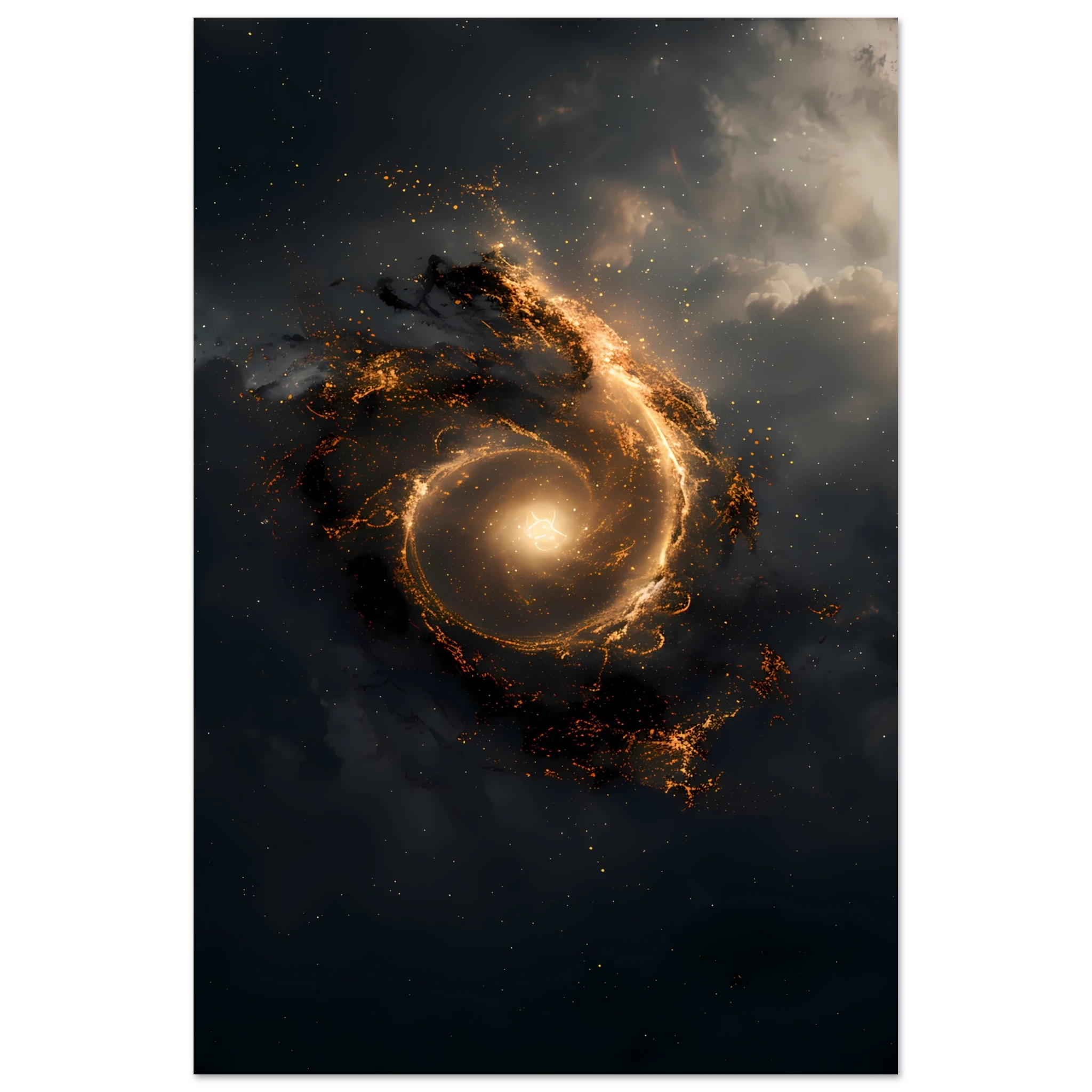 Golden spiral galaxy forming a subtle eye with glowing aura — sacred geometry space wall print, square format.