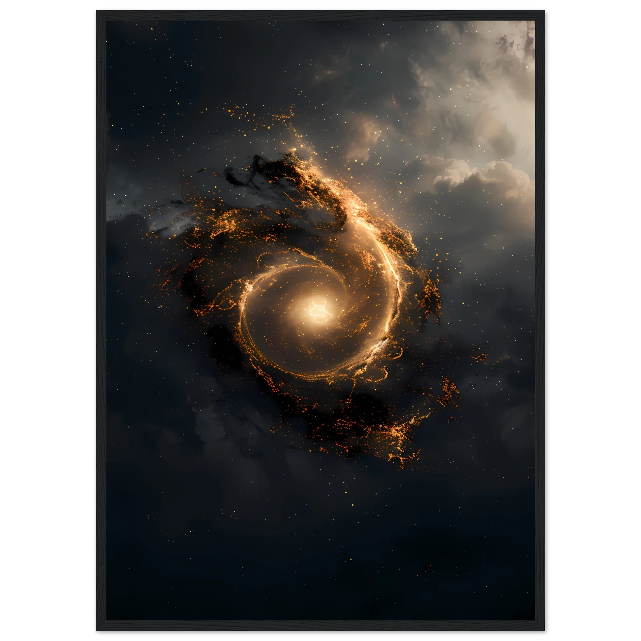 Golden spiral galaxy forming a subtle eye with glowing aura — sacred geometry space wall print, square format.