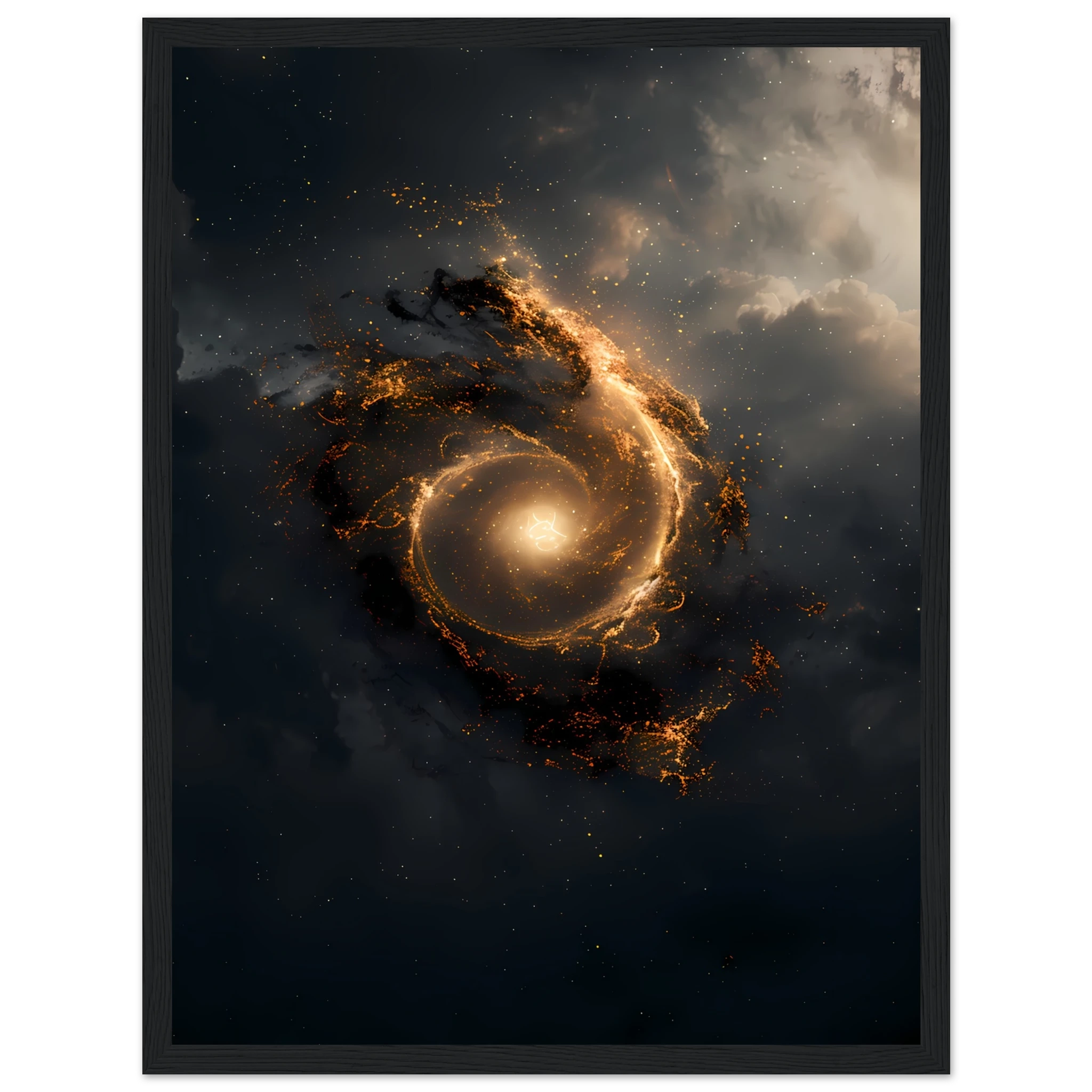 Golden spiral galaxy forming a subtle eye with glowing aura — sacred geometry space wall print, square format.