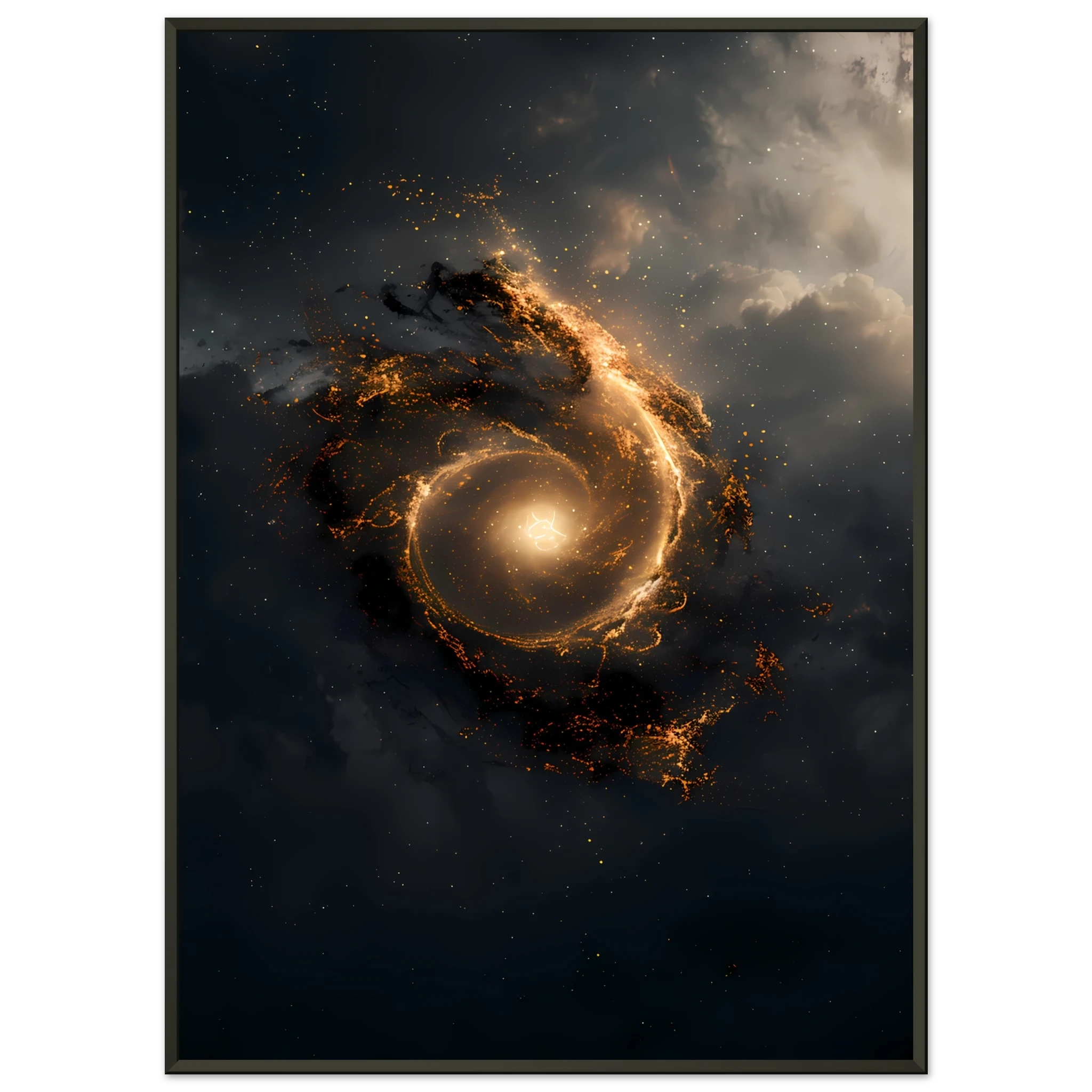 Golden spiral galaxy forming a subtle eye with glowing aura — sacred geometry space wall print, square format.