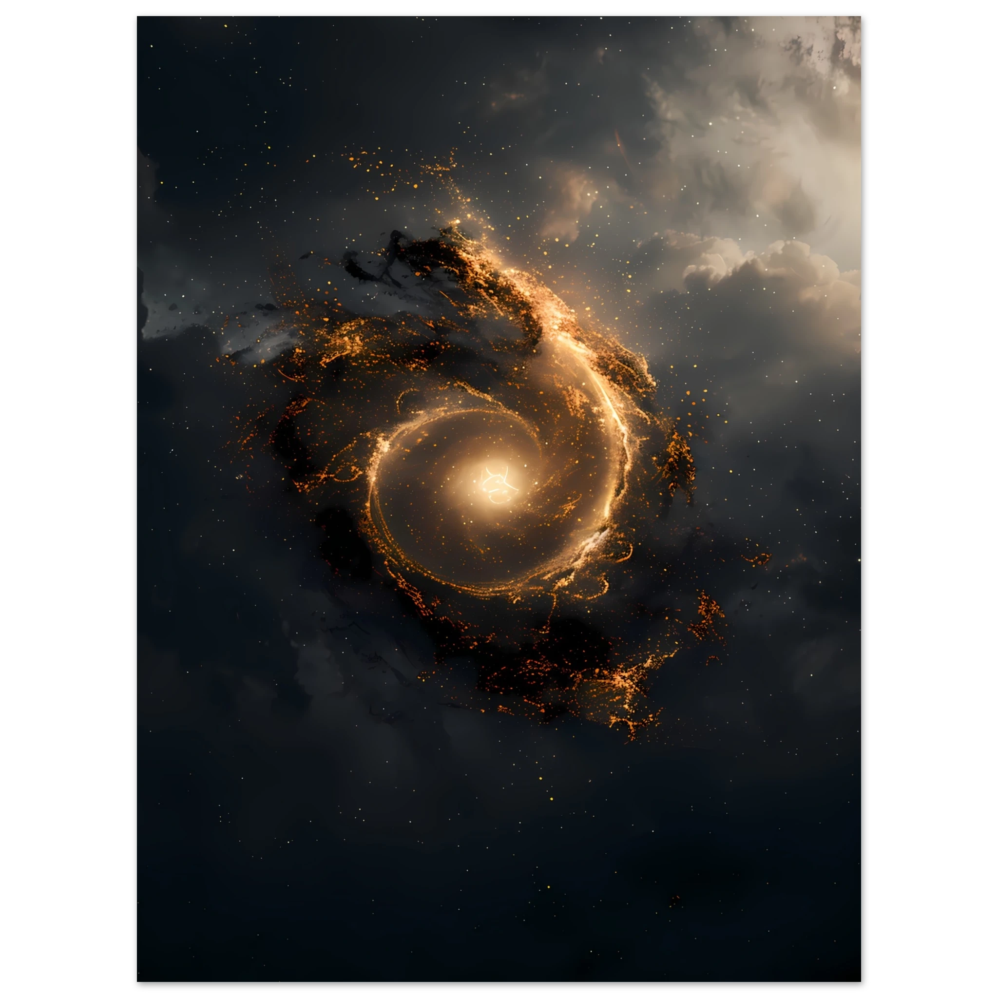 Golden spiral galaxy forming a subtle eye with glowing aura — sacred geometry space wall print, square format.
