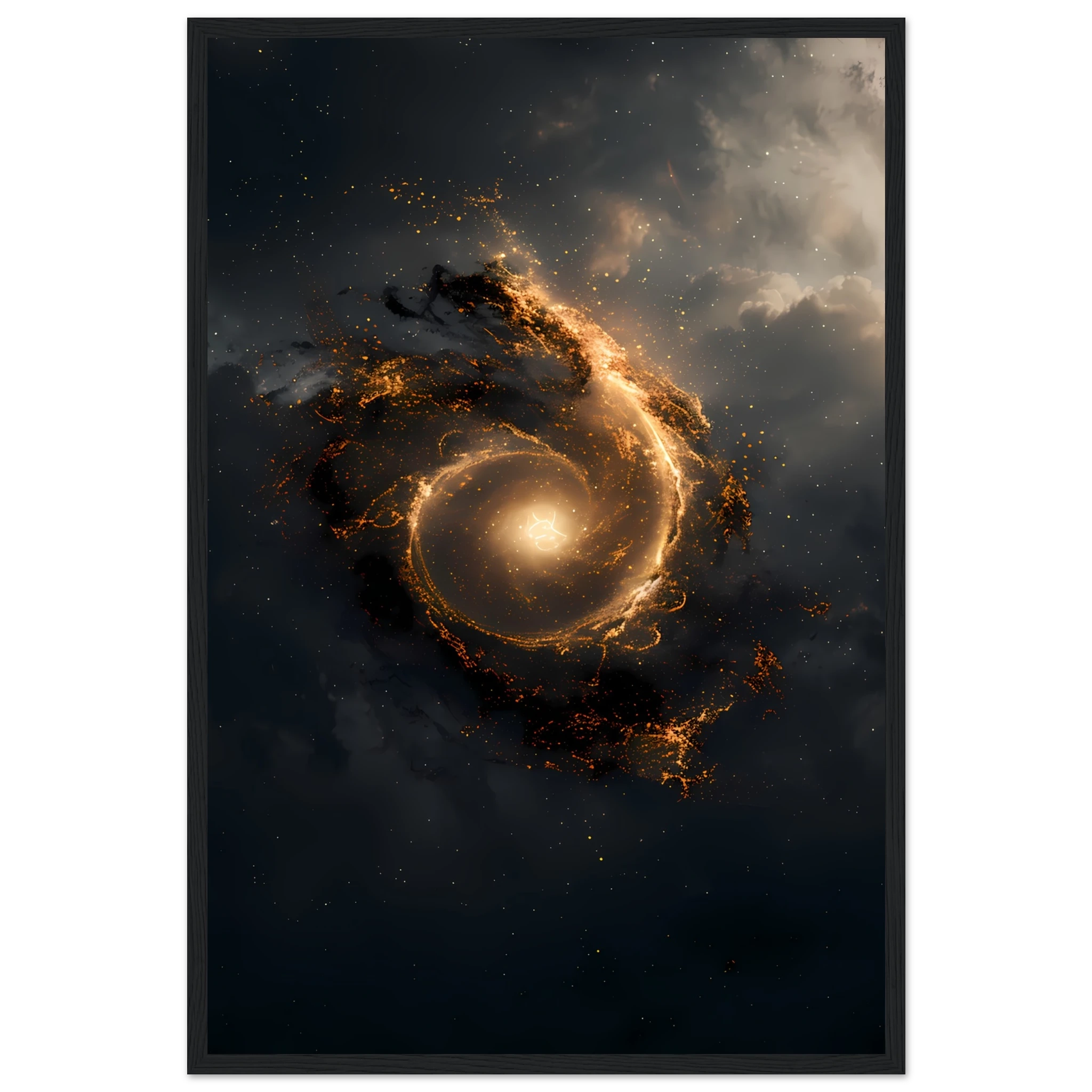 Golden spiral galaxy forming a subtle eye with glowing aura — sacred geometry space wall print, square format.