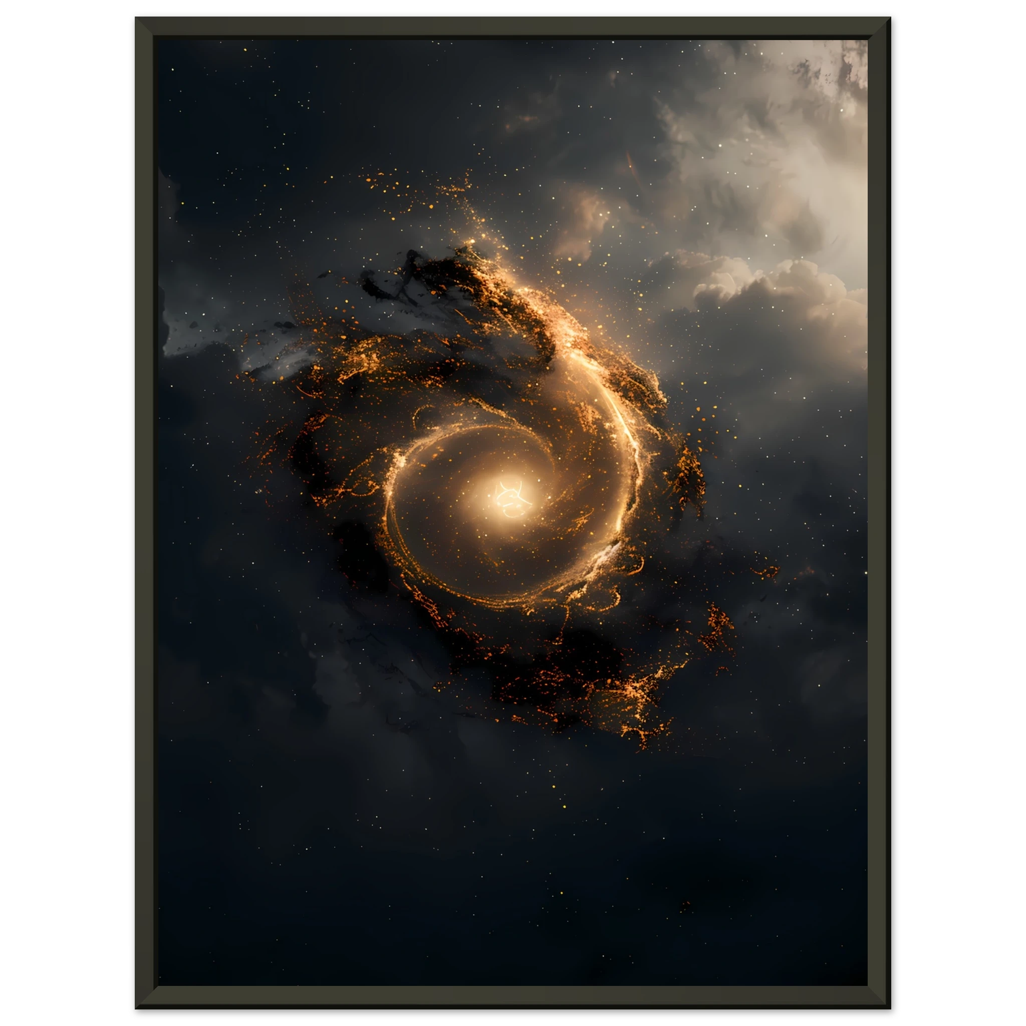 Golden spiral galaxy forming a subtle eye with glowing aura — sacred geometry space wall print, square format.