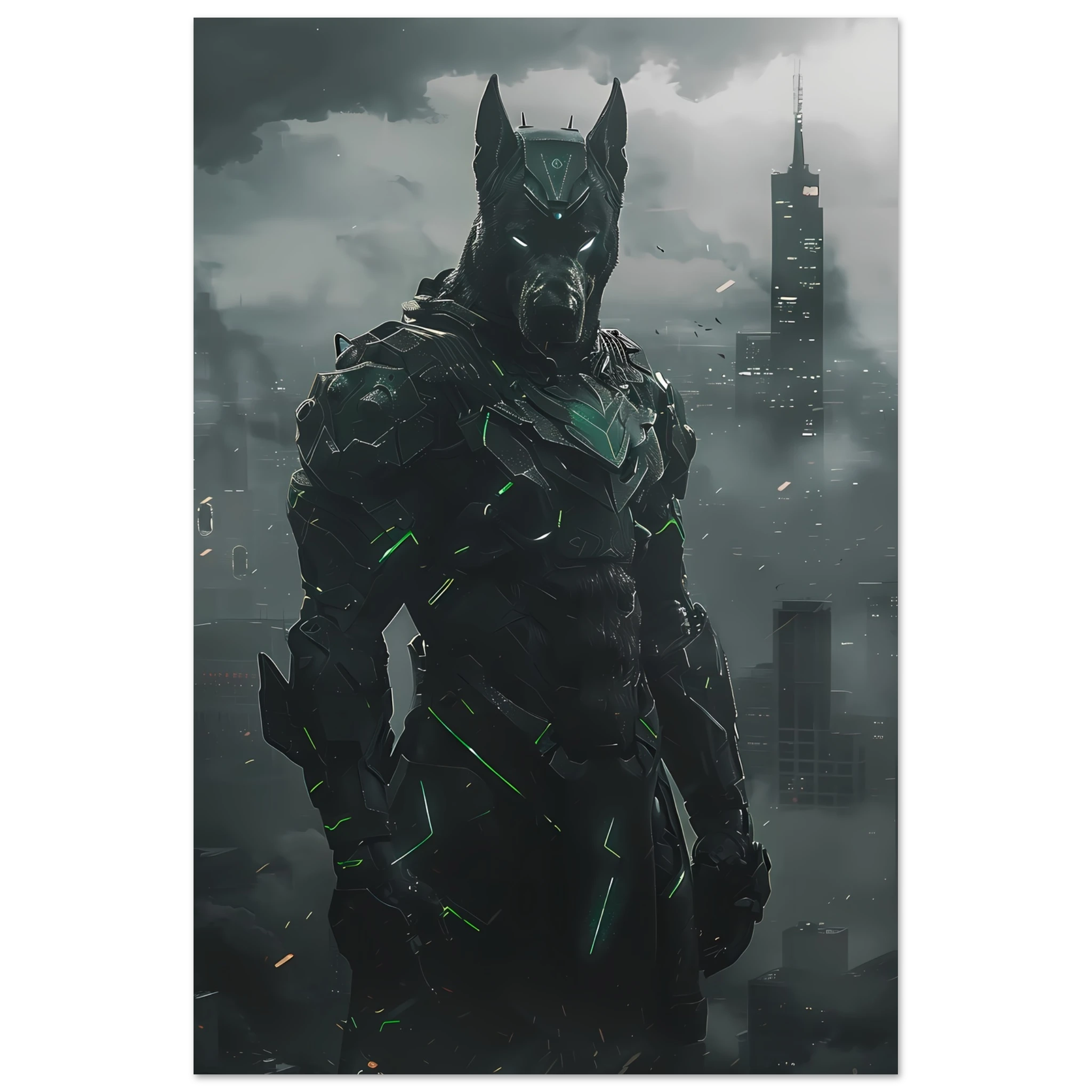 Great Dane in glowing exo-armor before neon city skyline — heroic pet art.