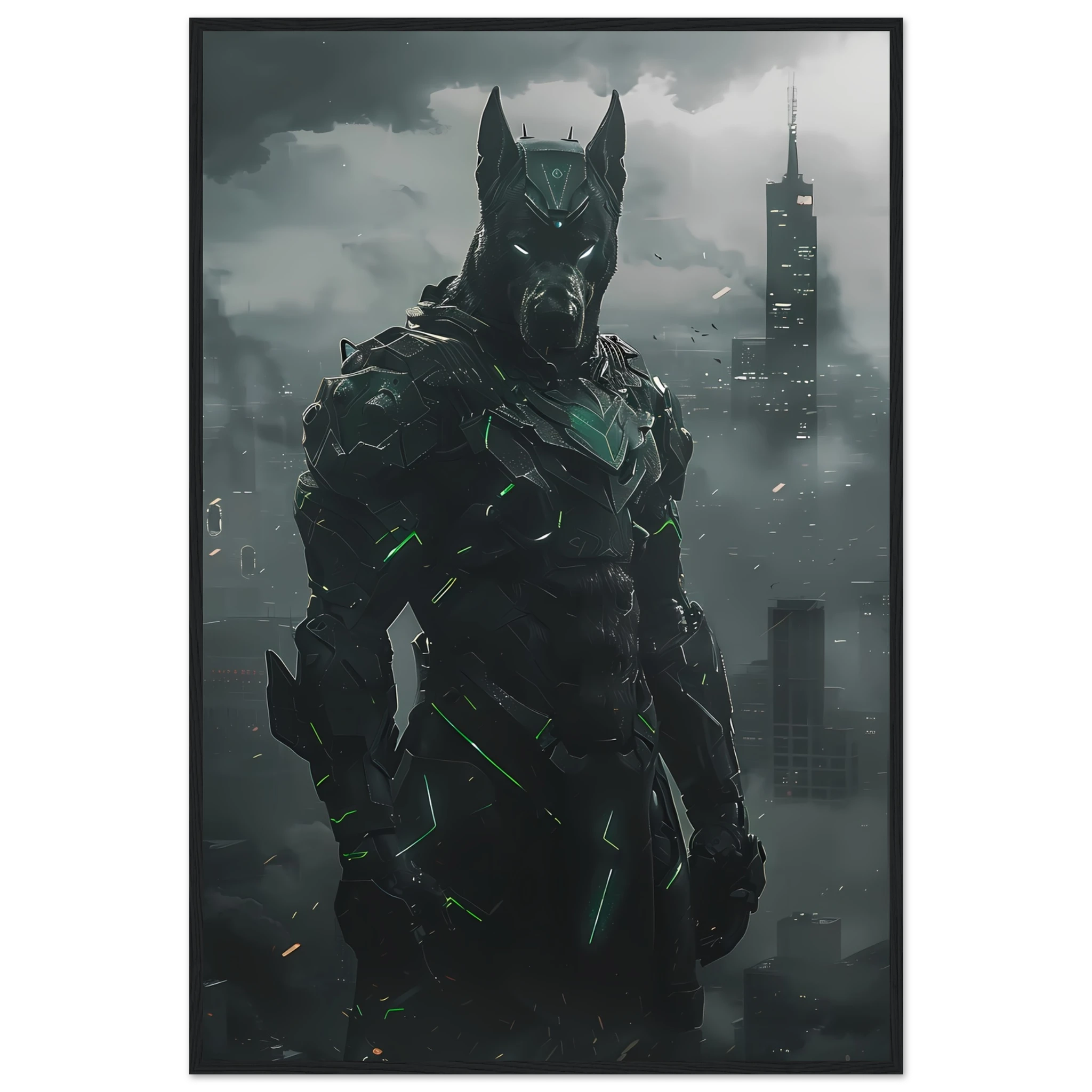 Great Dane in glowing exo-armor before neon city skyline — heroic pet art.