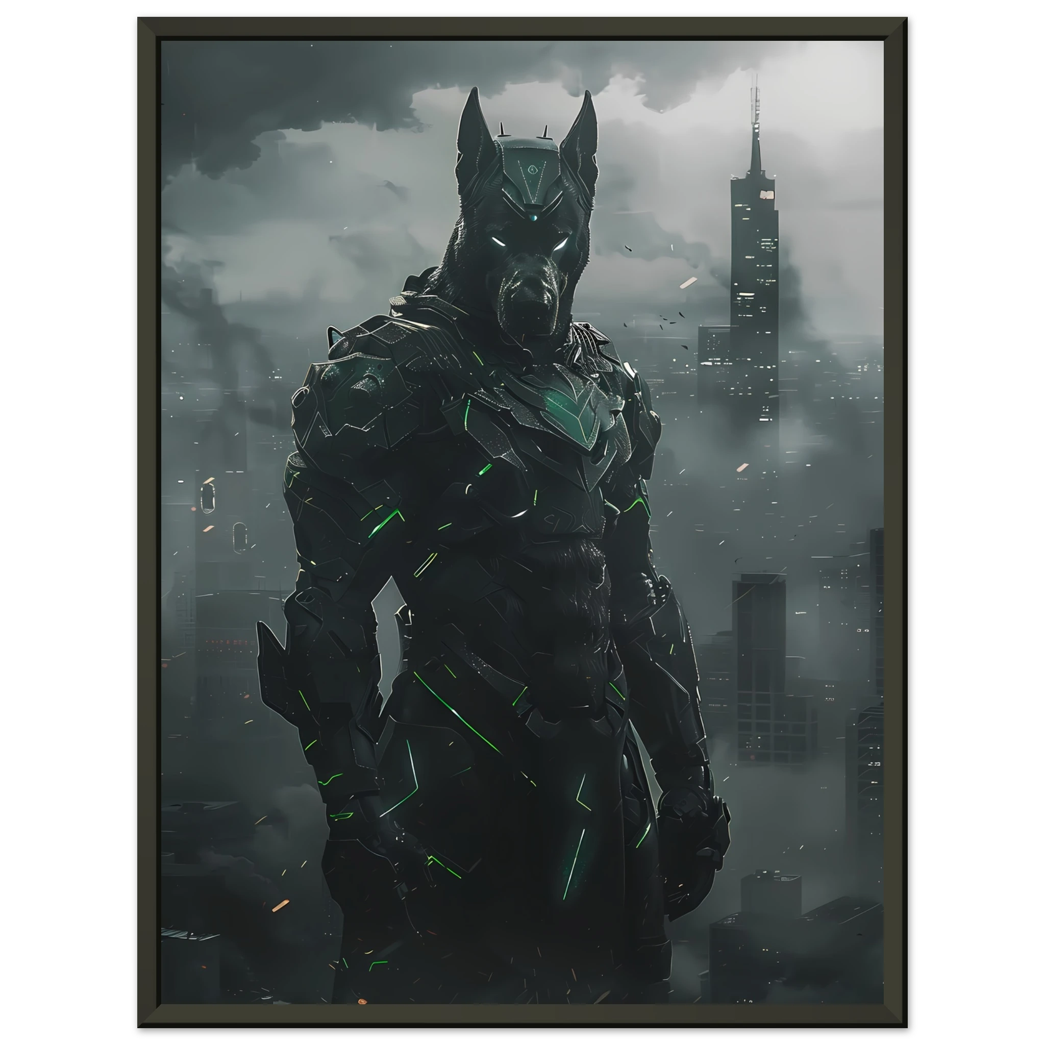 Great Dane in glowing exo-armor before neon city skyline — heroic pet art.