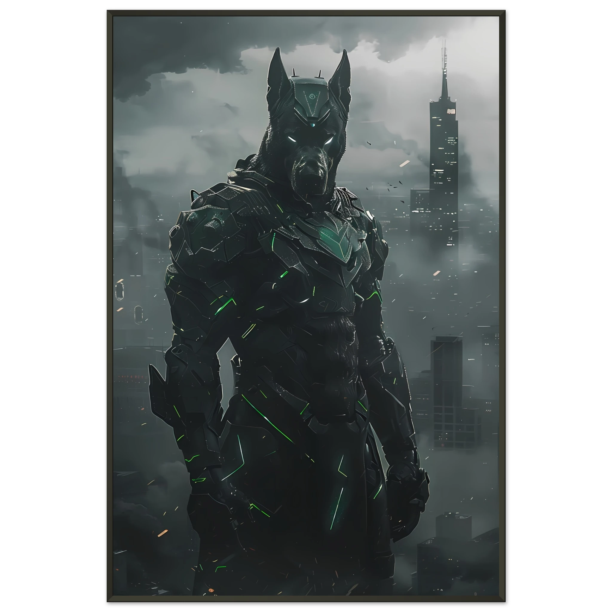Great Dane in glowing exo-armor before neon city skyline — heroic pet art.