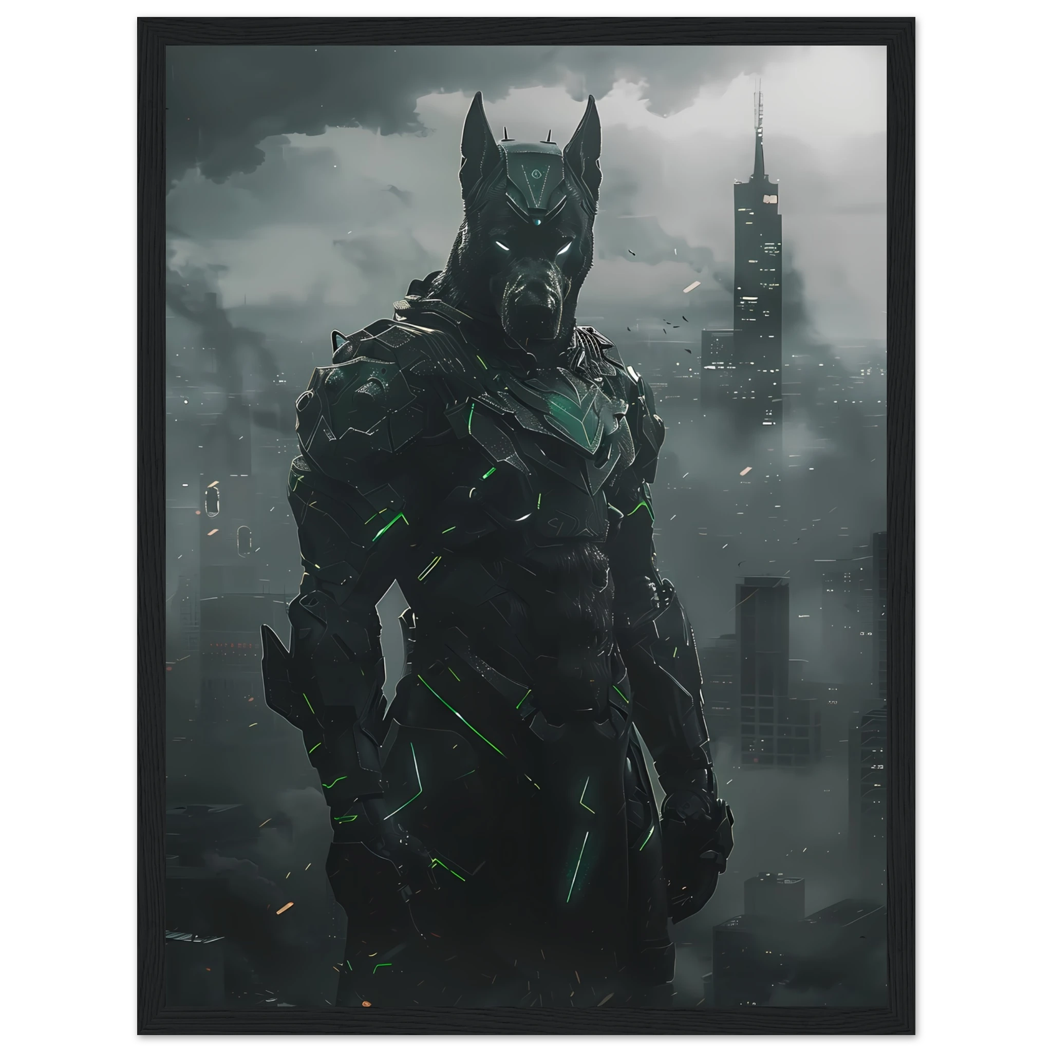 Great Dane in glowing exo-armor before neon city skyline — heroic pet art.