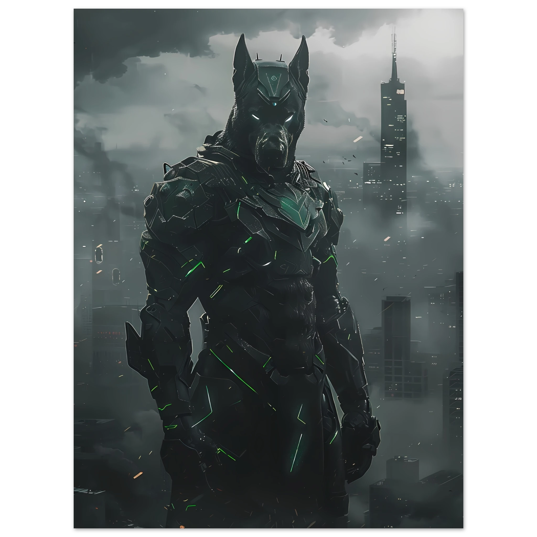 Great Dane in glowing exo-armor before neon city skyline — heroic pet art.