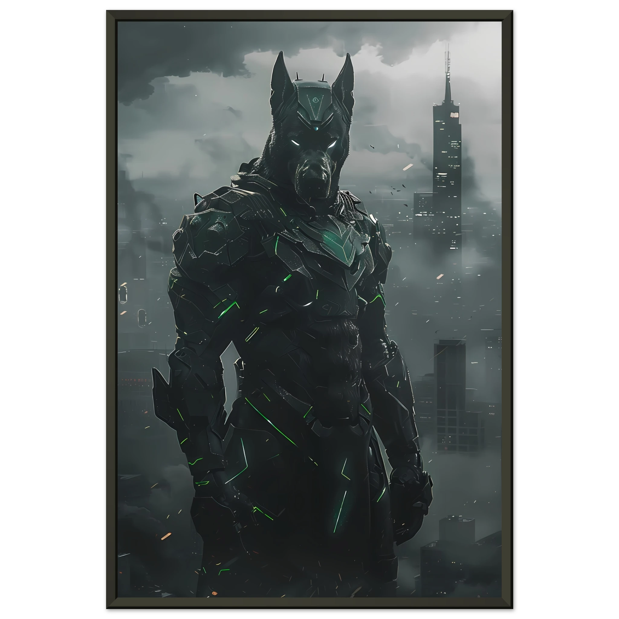 Great Dane in glowing exo-armor before neon city skyline — heroic pet art.