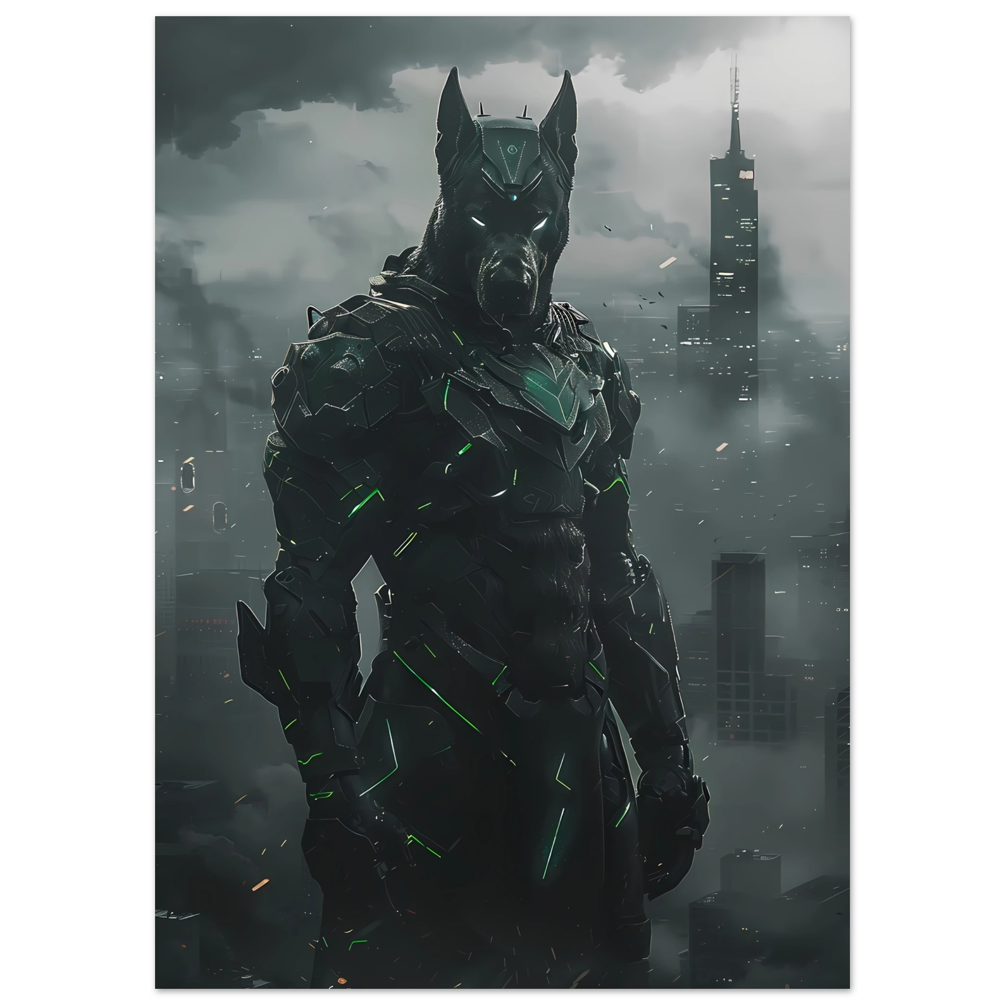 Great Dane in glowing exo-armor before neon city skyline — heroic pet art.