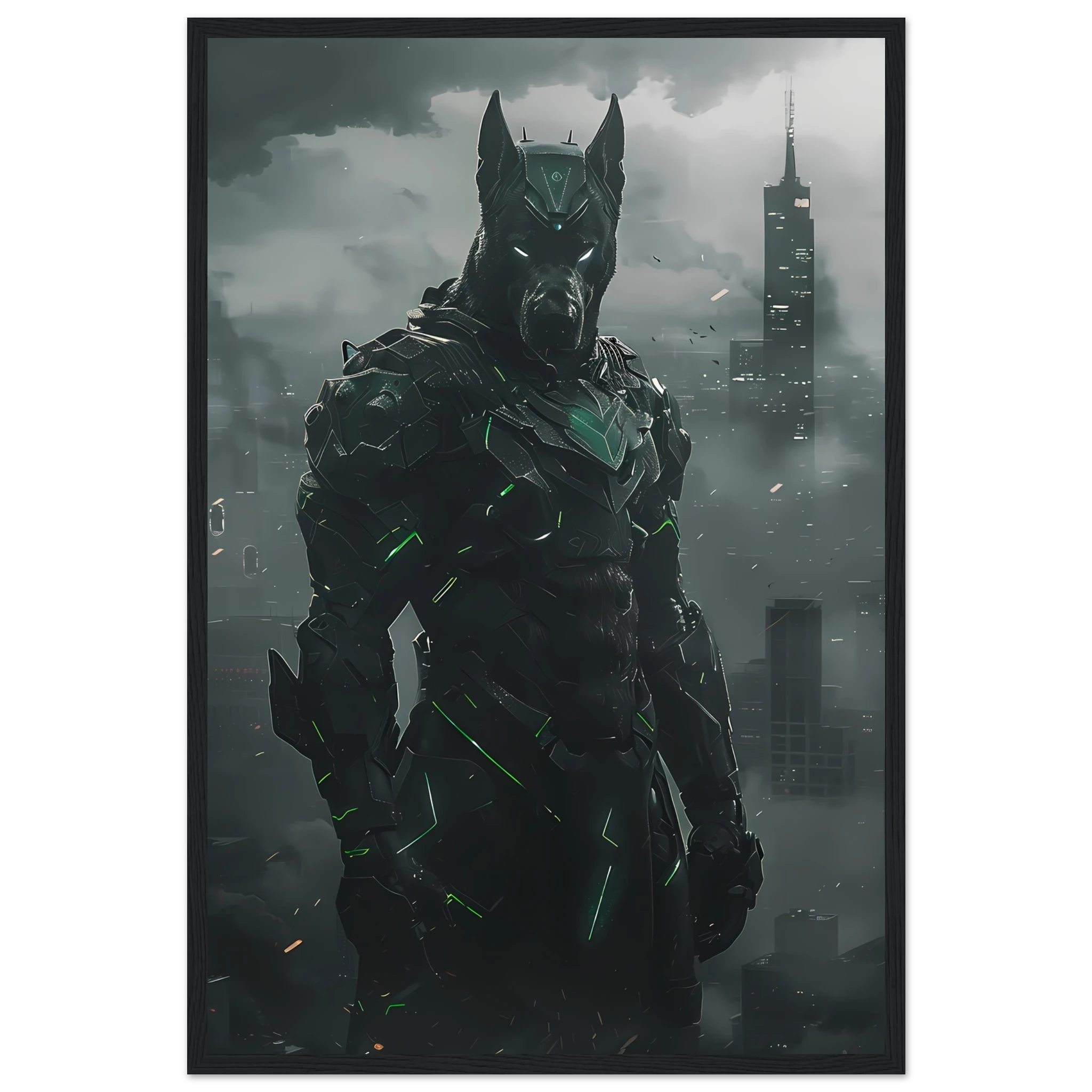 Great Dane in glowing exo-armor before neon city skyline — heroic pet art.