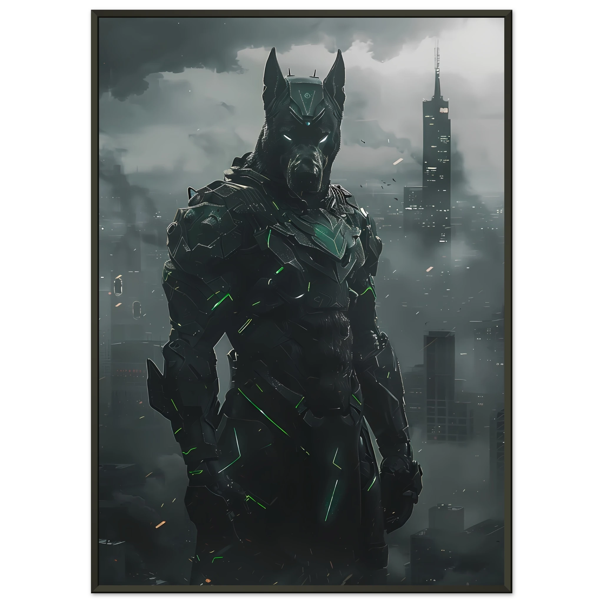 Great Dane in glowing exo-armor before neon city skyline — heroic pet art.