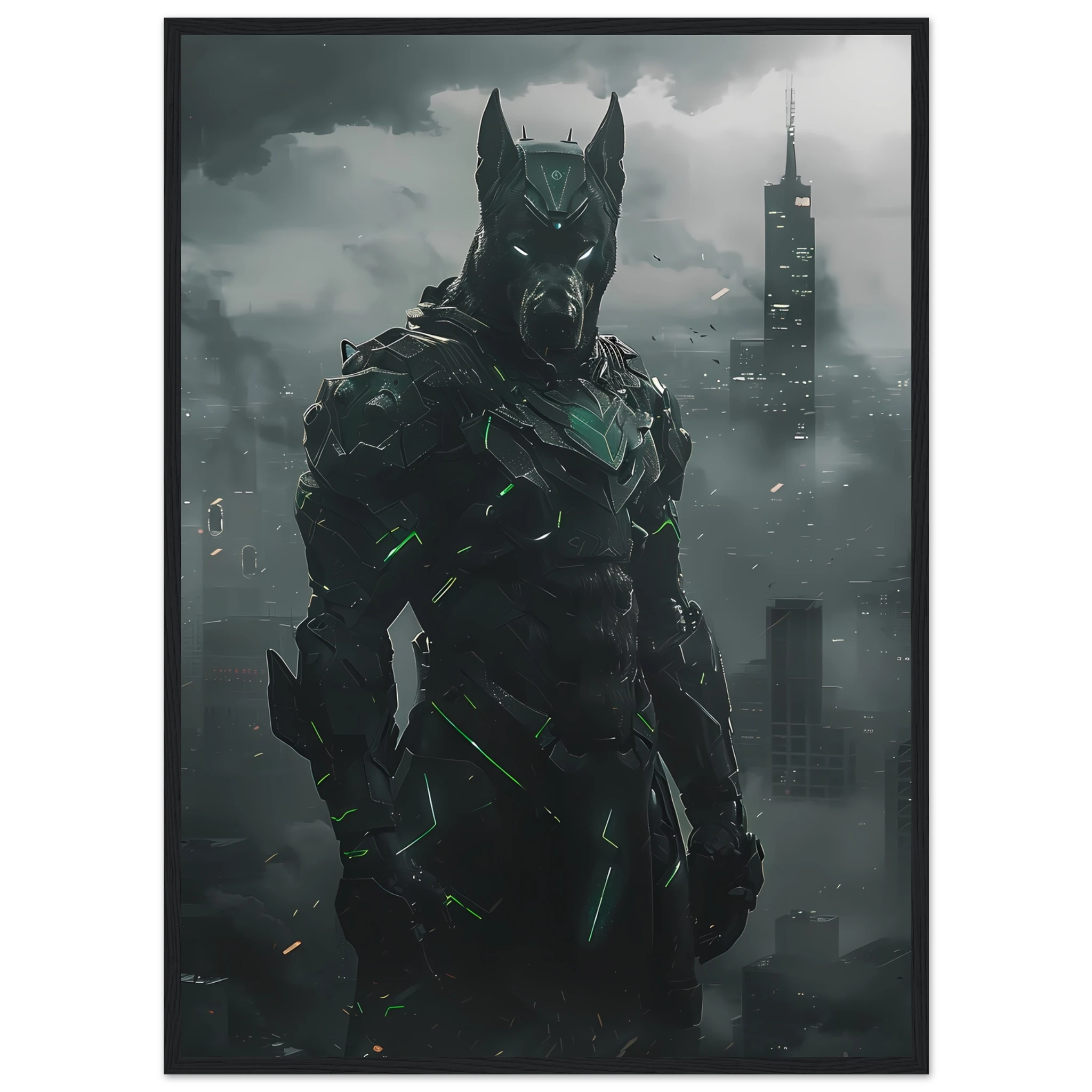 Great Dane in glowing exo-armor before neon city skyline — heroic pet art.
