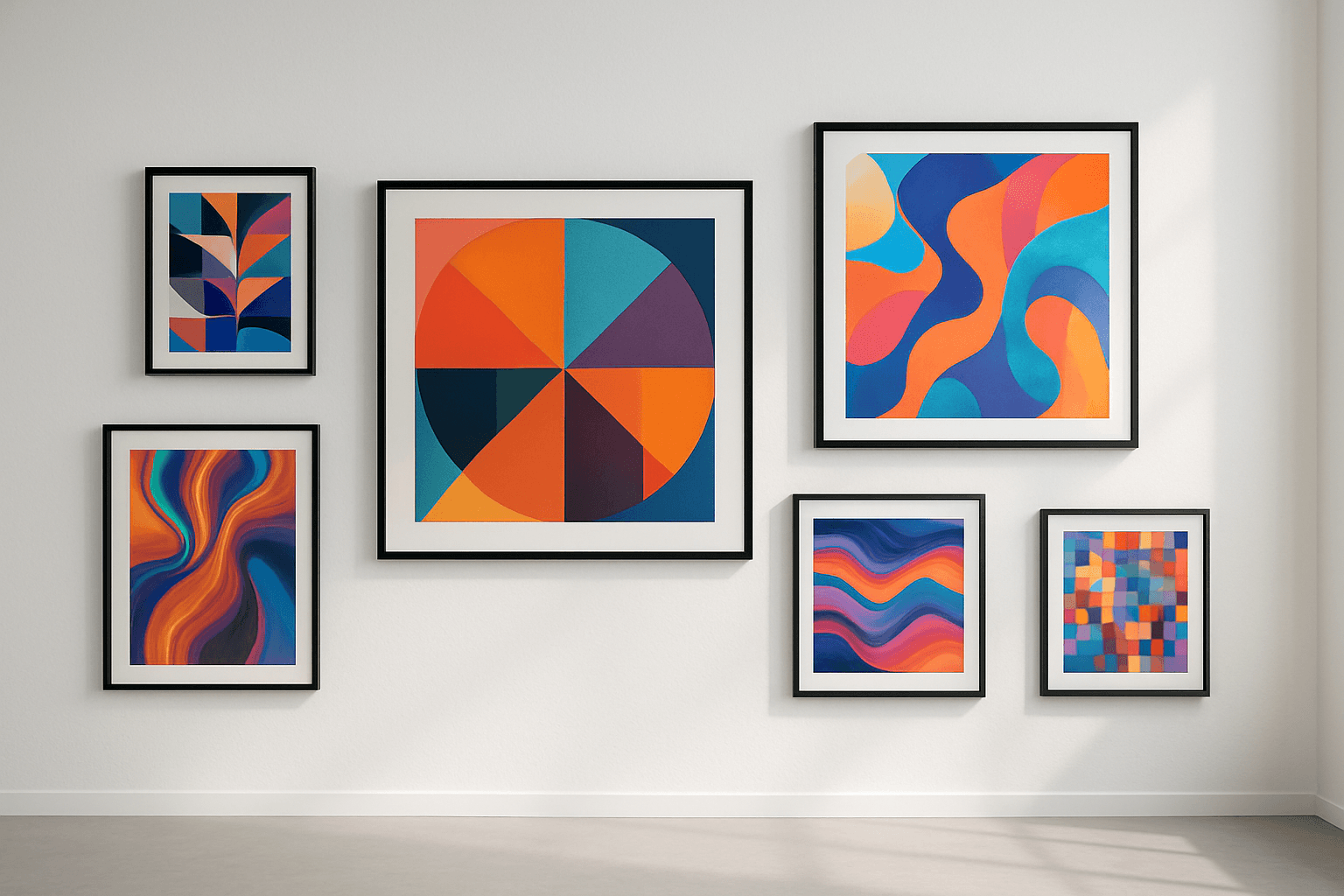 Colourful abstract art prints on a wall