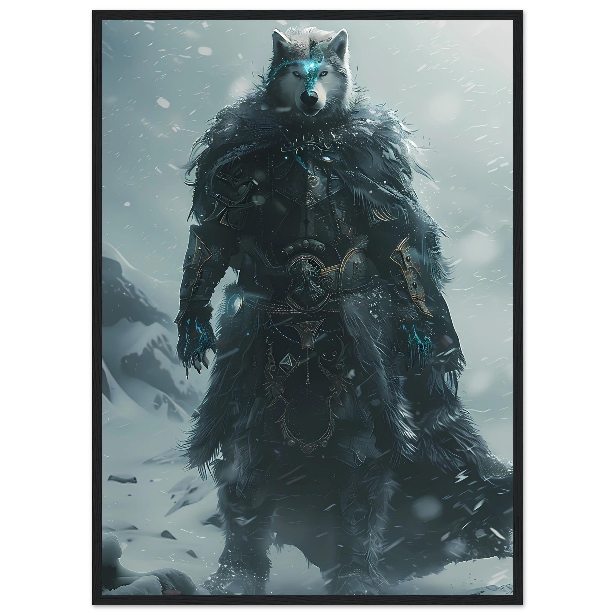 Husky in icy armor amid swirling snow — cinematic arctic pet warrior art print.