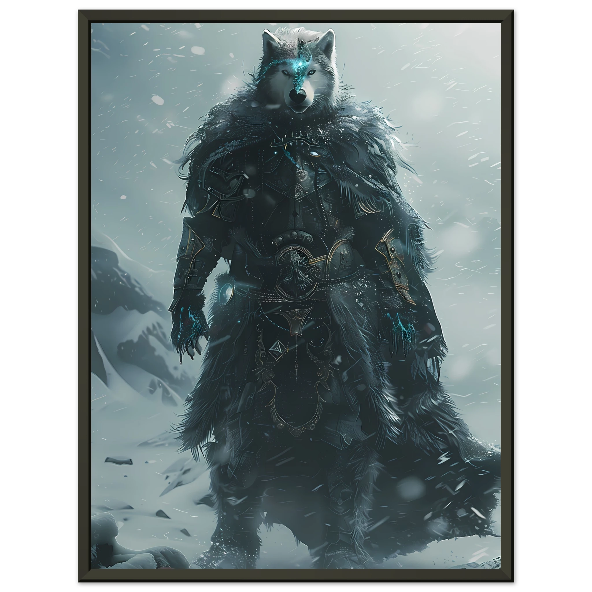 Husky in icy armor amid swirling snow — cinematic arctic pet warrior art print.