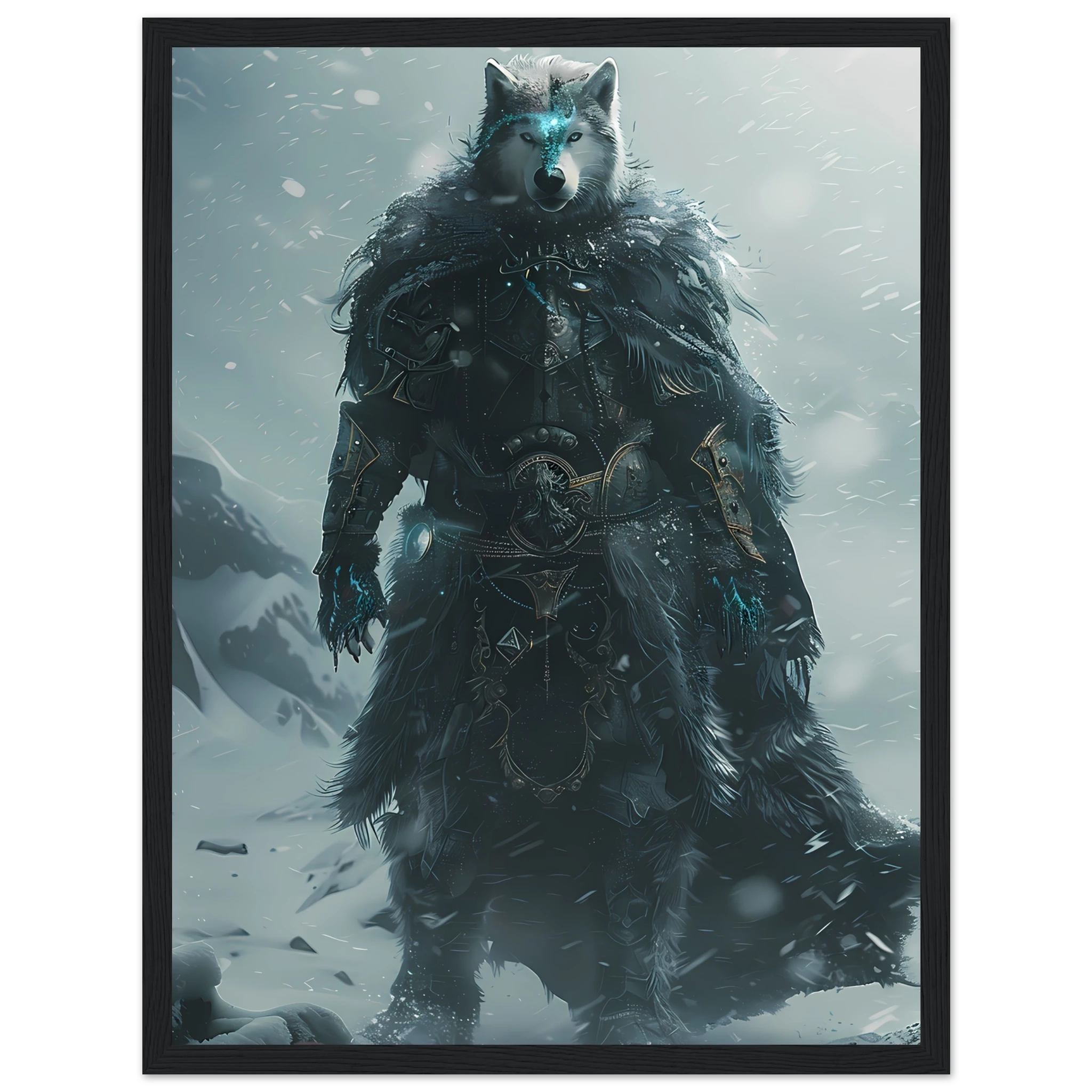 Husky in icy armor amid swirling snow — cinematic arctic pet warrior art print.