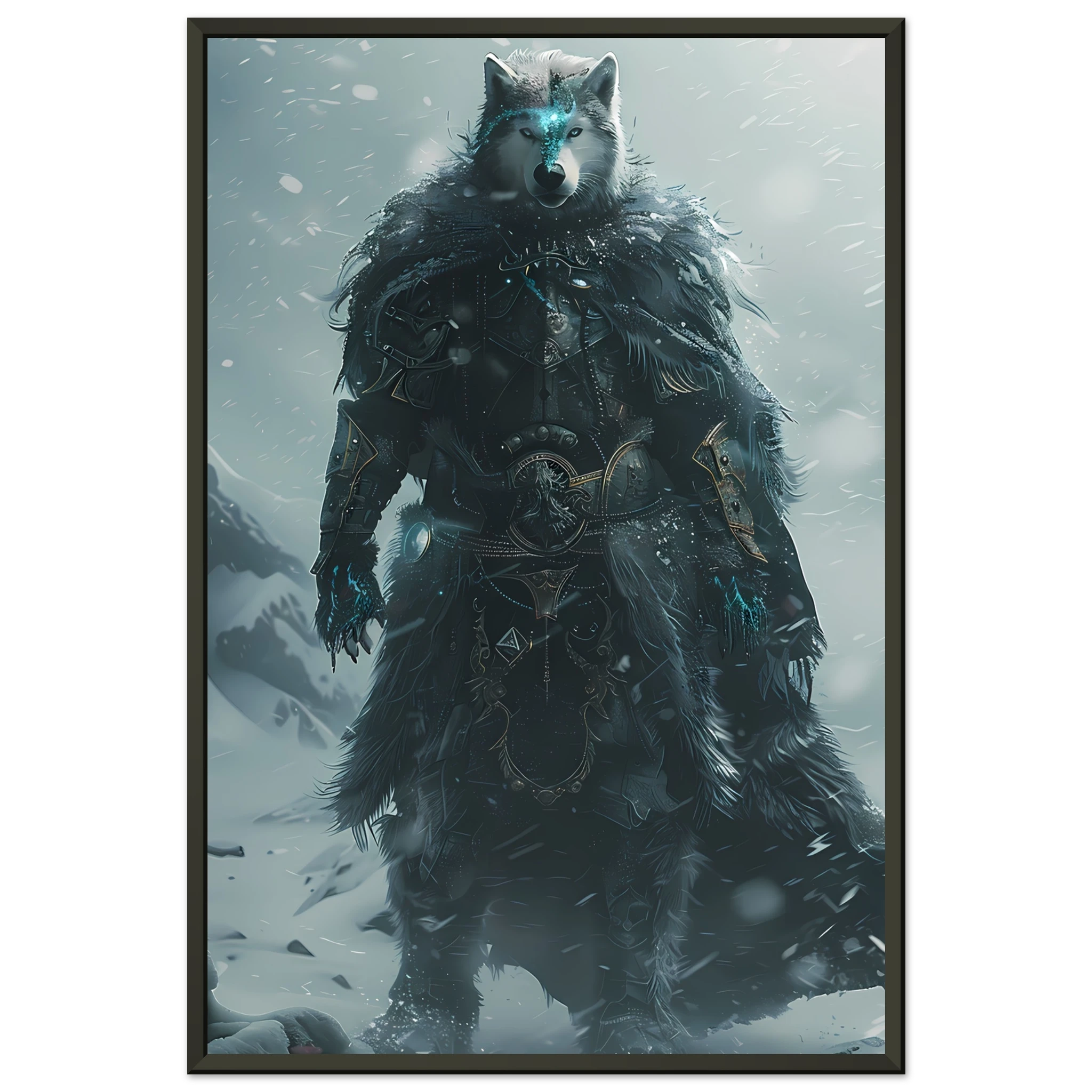 Husky in icy armor amid swirling snow — cinematic arctic pet warrior art print.